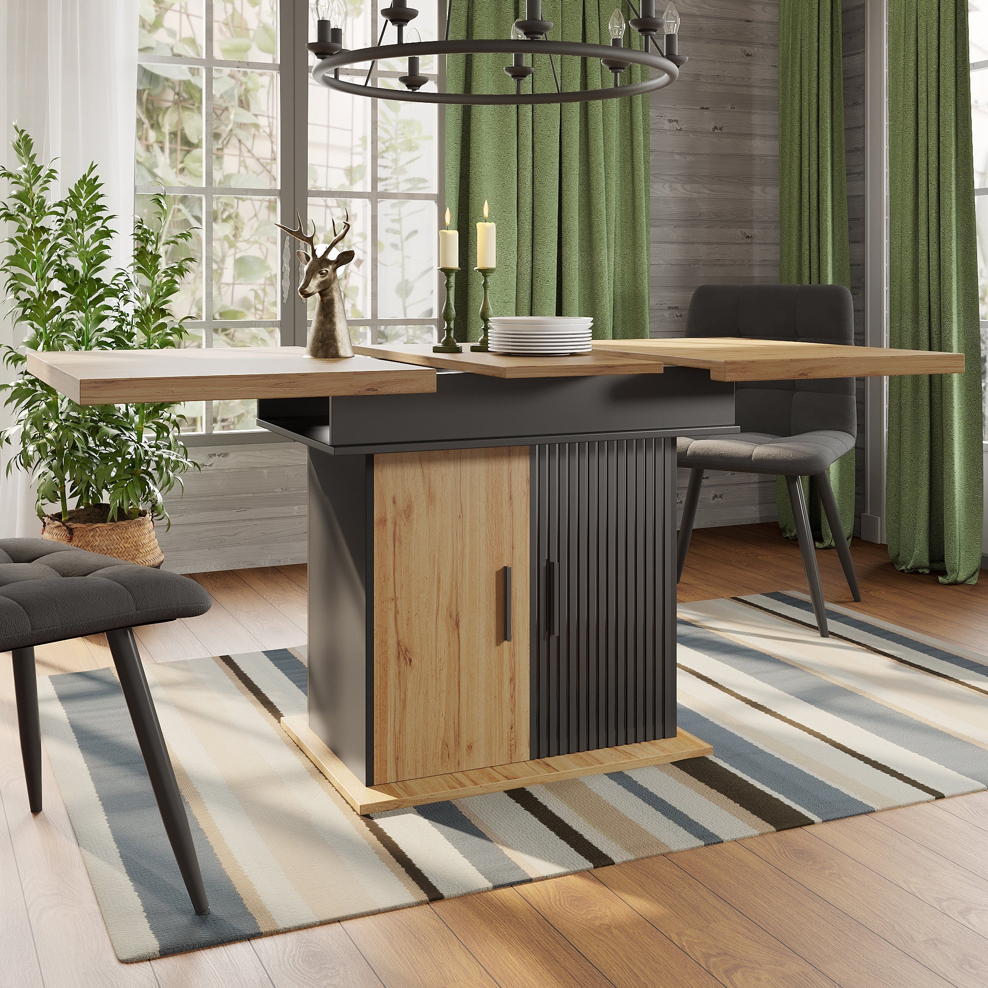 Telescopic Dining Table, Extendable Foldable Space-Saving Table for 4-6 People, Retro Style