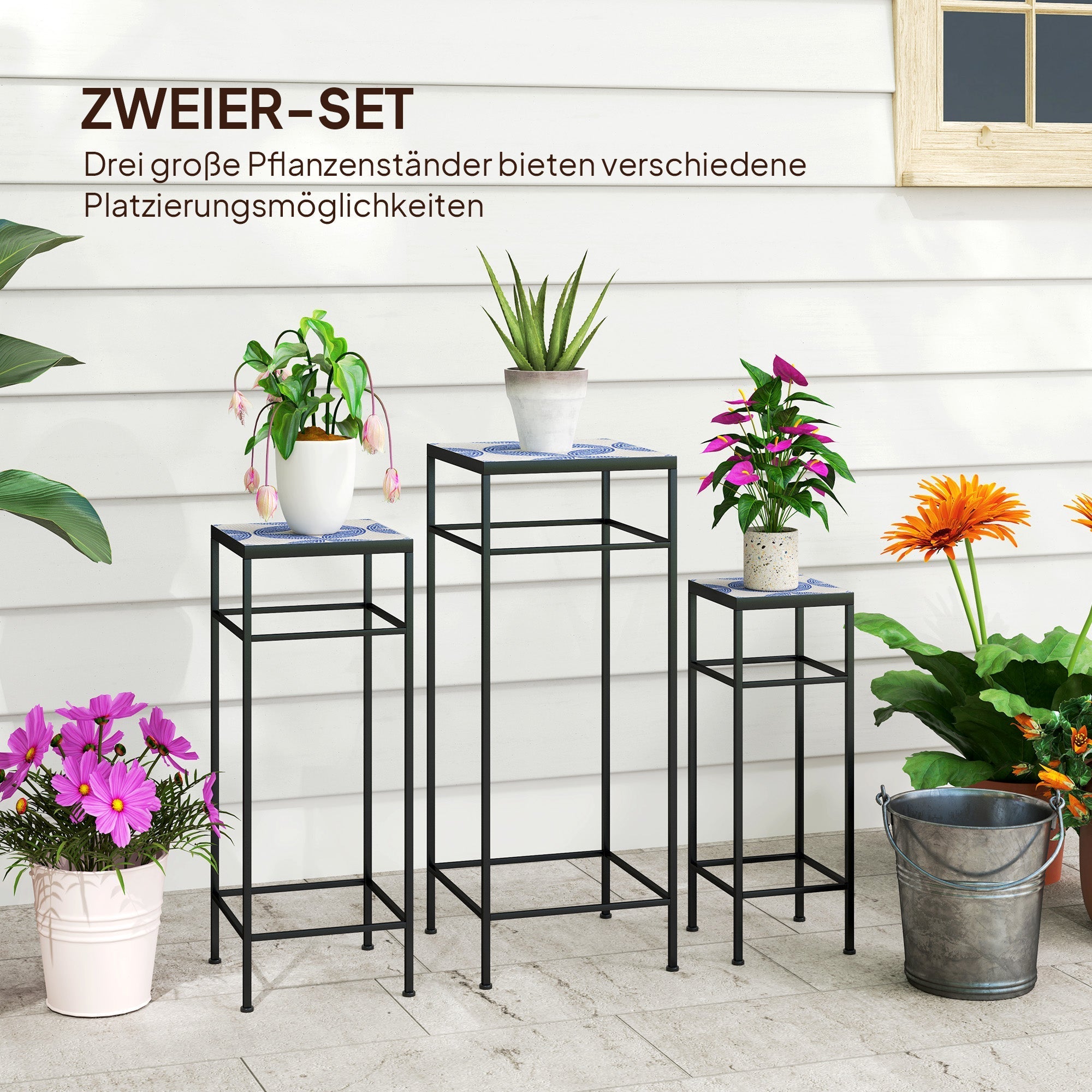 Pflanzenständer, 3er-Set, 71 cm hoch, Metall, Blau+Weiß