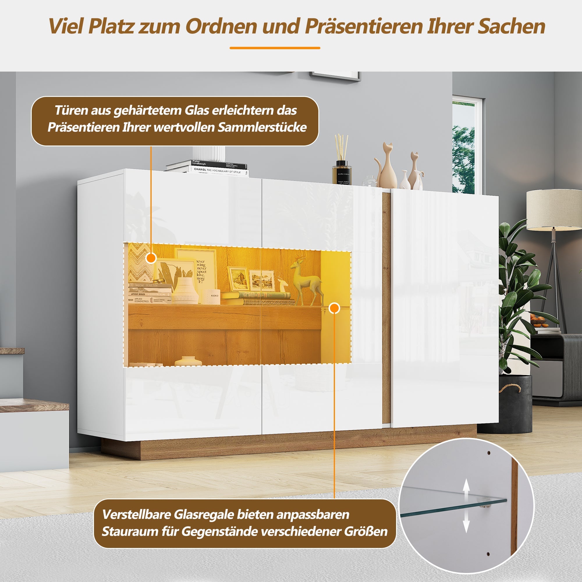 Sideboard High Gloss Chest of Drawers, White Chipboard with Glass
