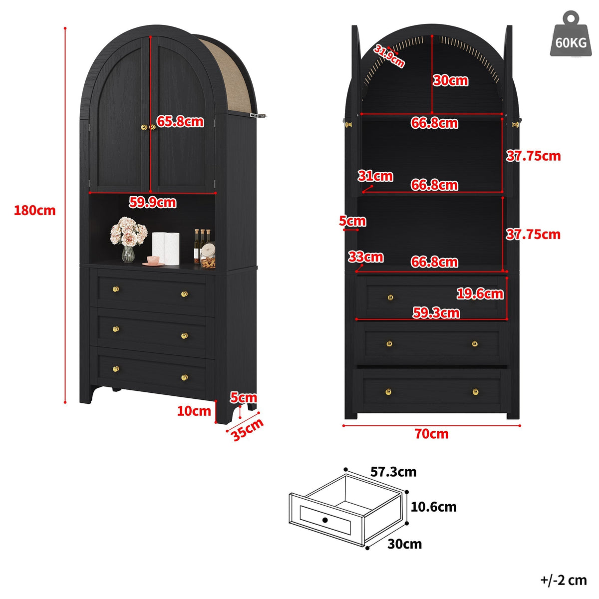 Tall Arched Storage Cabinet with Drawers, Doors & Open Display Area - Black