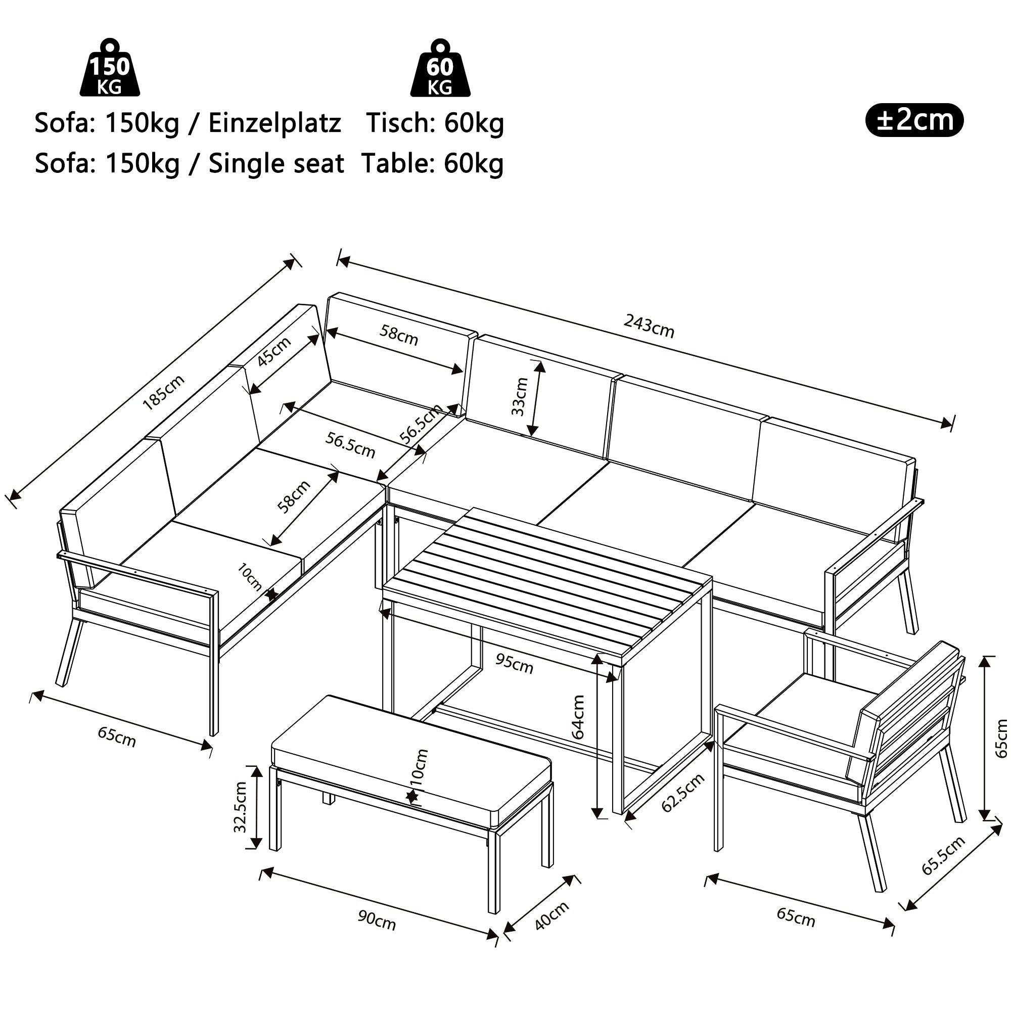 L-Shaped Garden Sofa Set 8-Person Iron Frame Wood Table - Grey Cushions