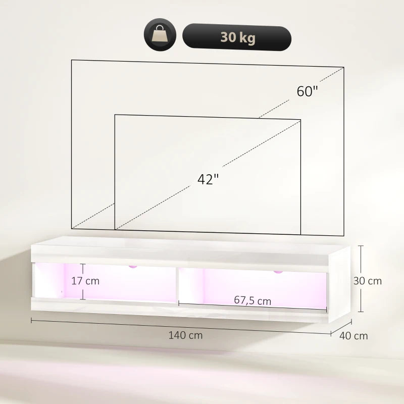 TV Cabinet 140cm Wall-Mounted Lowboard RGB LED Lighting Open Storage High-Gloss White