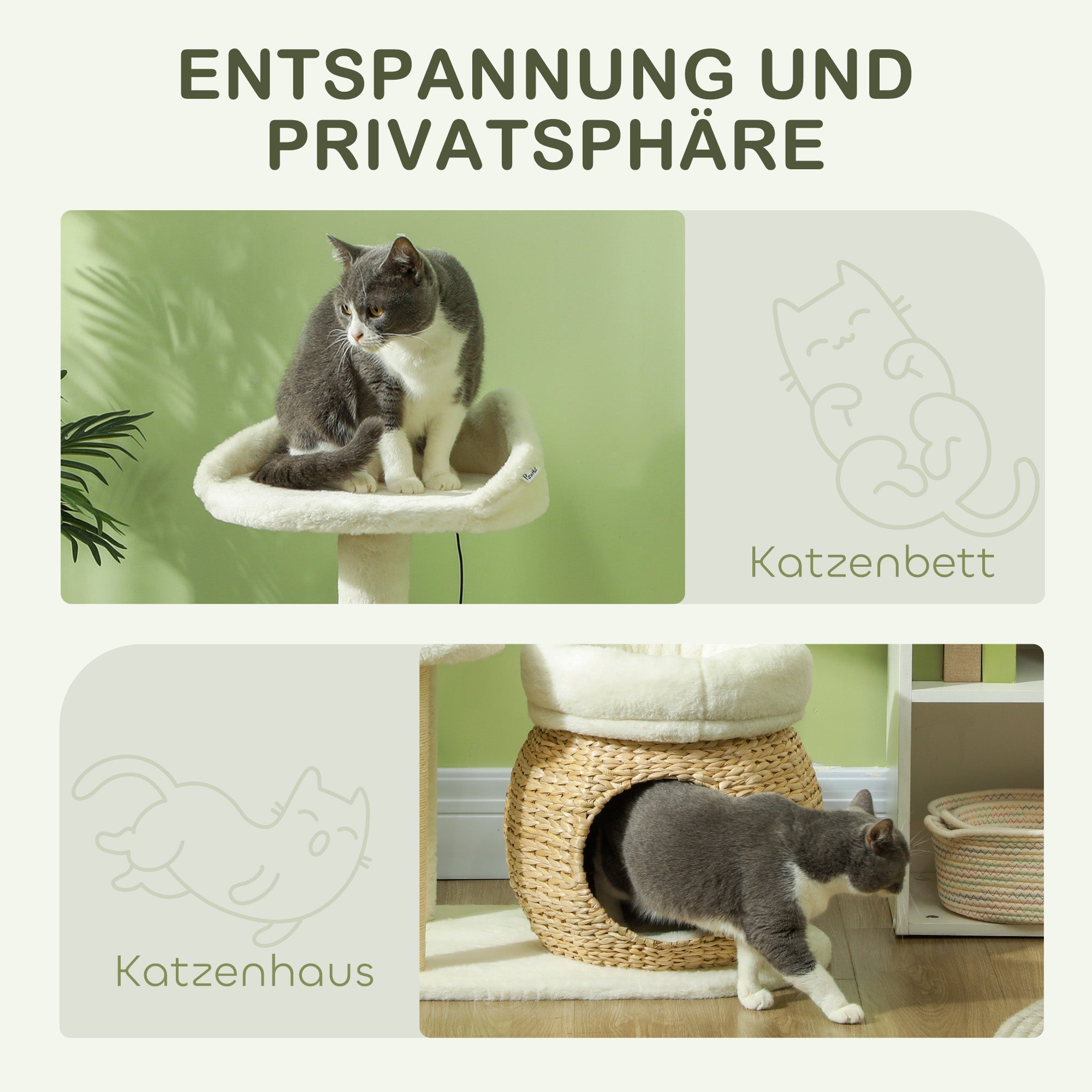 Cat Tree 79 cm, Cat Cave, Bed, Play Balls, Sisal, Cream White