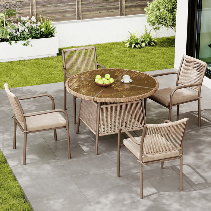 Rattan Garden Set Round Glass Table 4 Armchairs - Iron Frame
