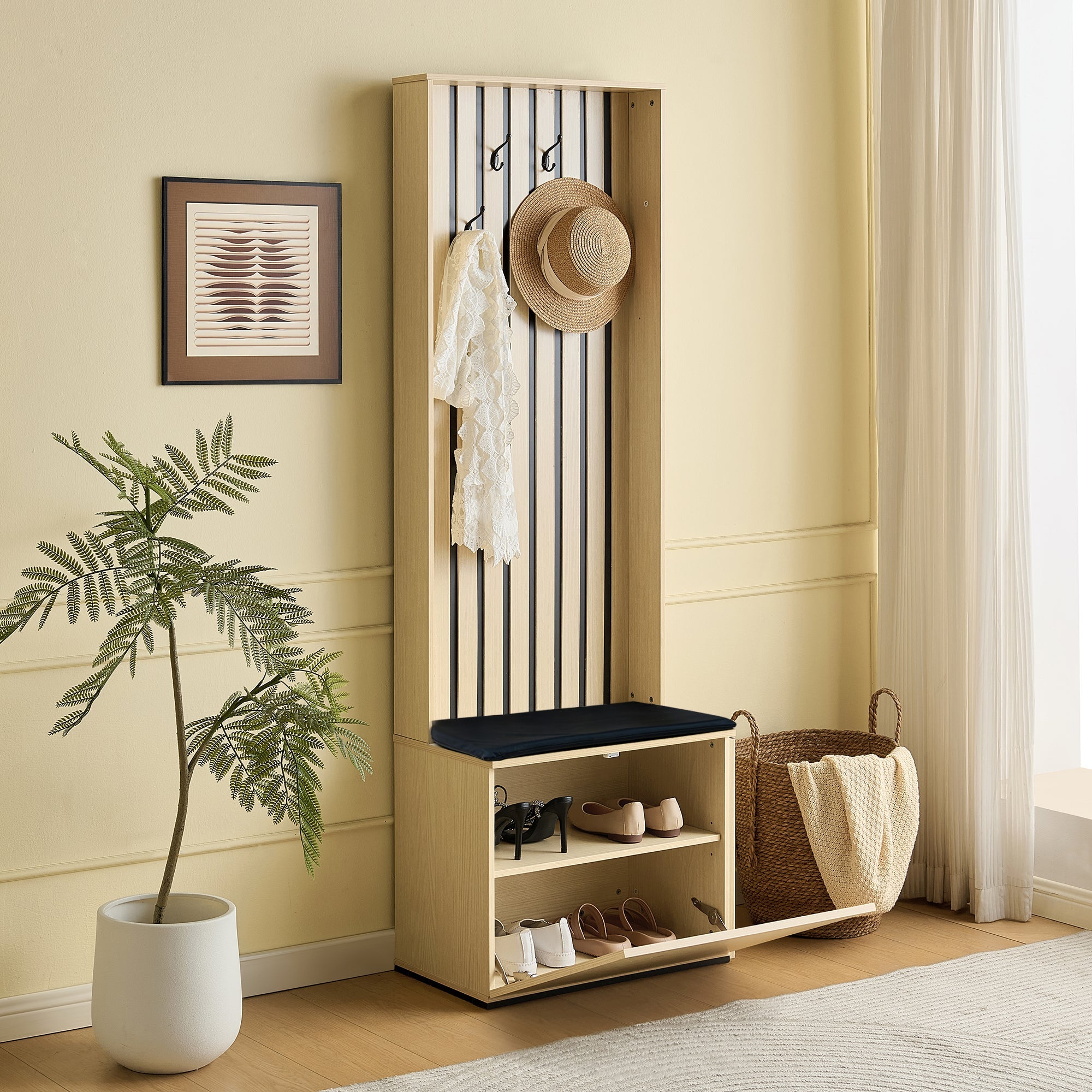Modern Wardrobe with Bench & Shoe Storage, 4 Hooks, Wood/MDF