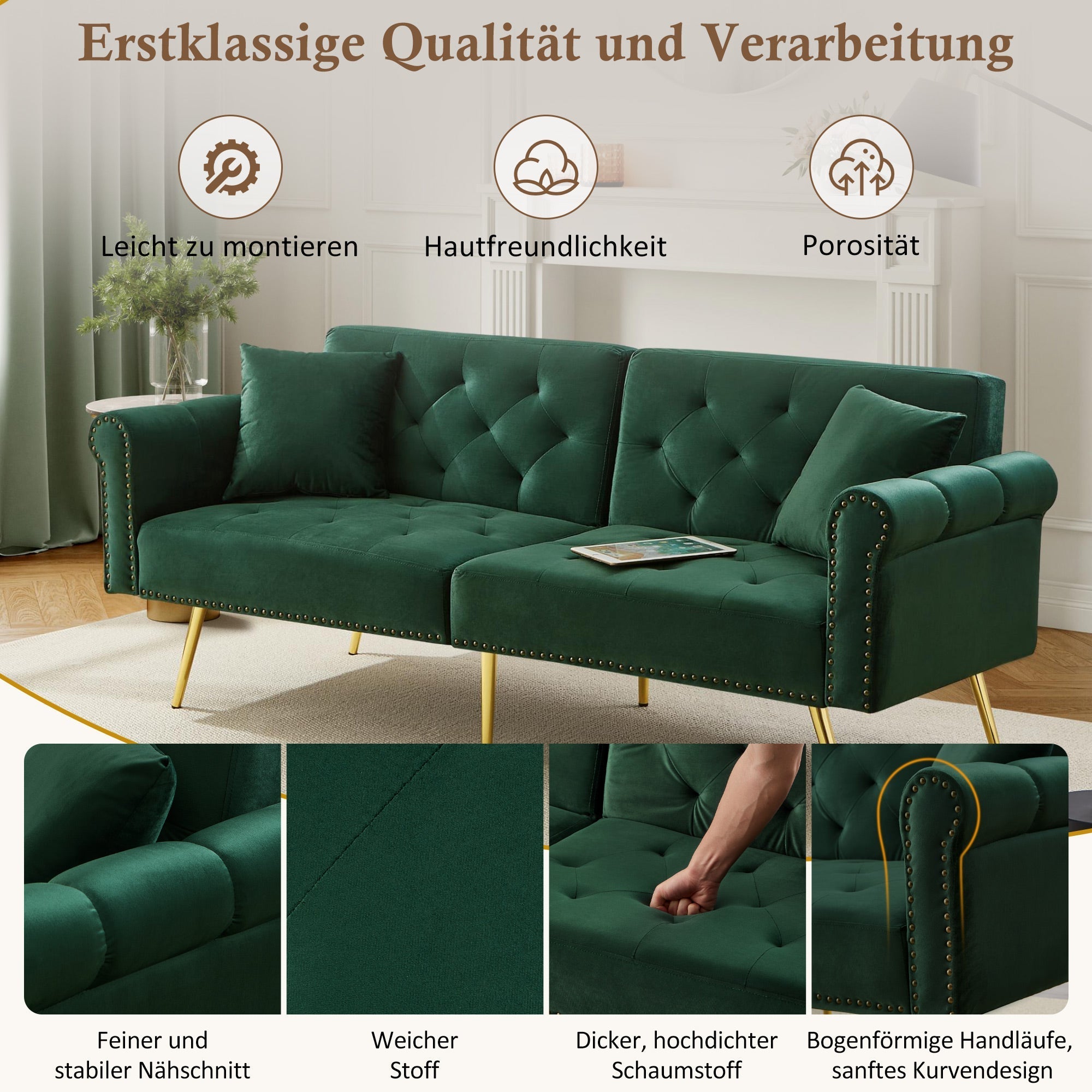 Sofa Bed, 2-Seater Adjustable Backrest Space-Saving, Velvet