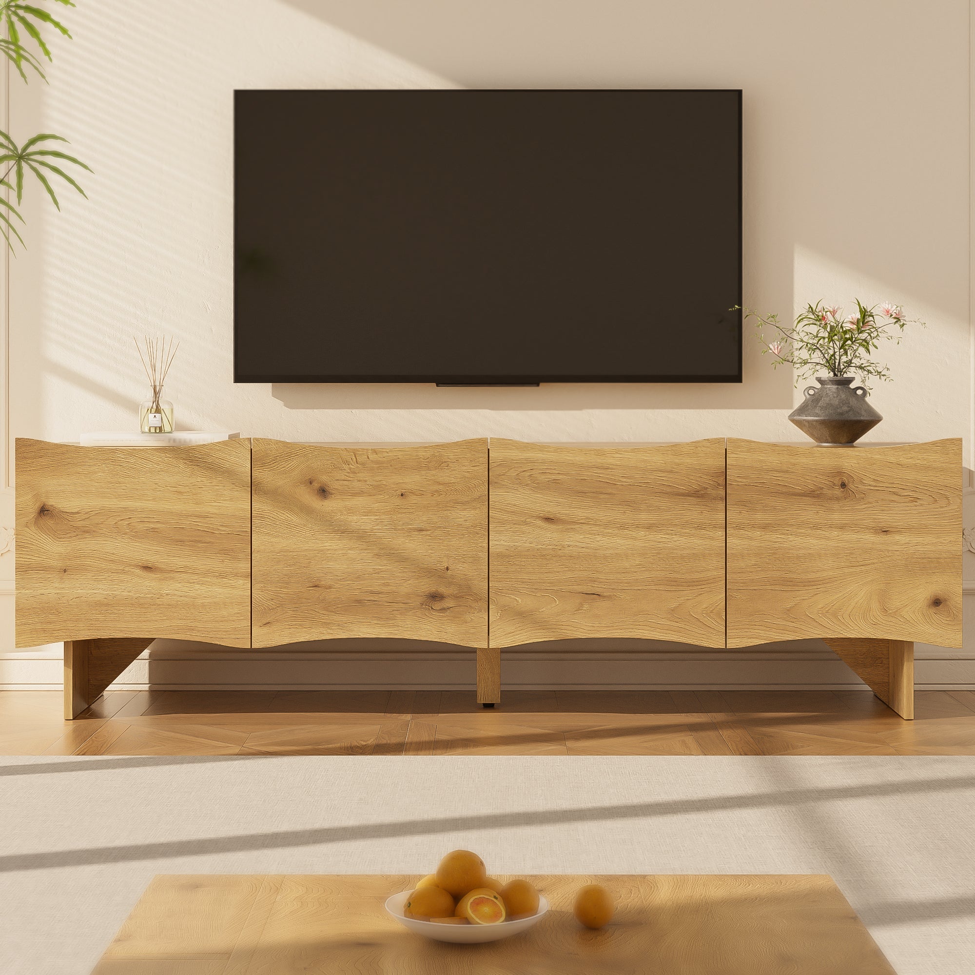 Modern TV Cabinet, 155cm Media Console with 4 Doors & Storage, Wood Look