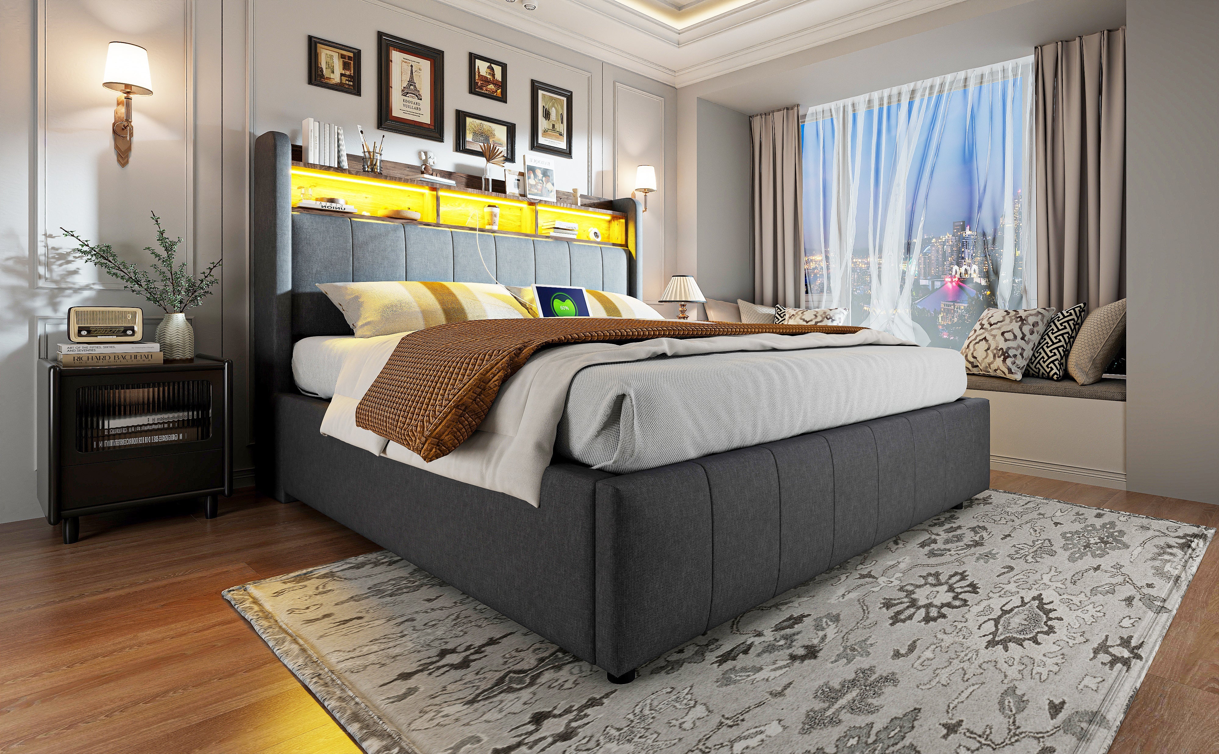 Upholstered Bed 160*200cm, LED Lighting, USB Socket, Hydraulic Storage, Linen Fabric Gray