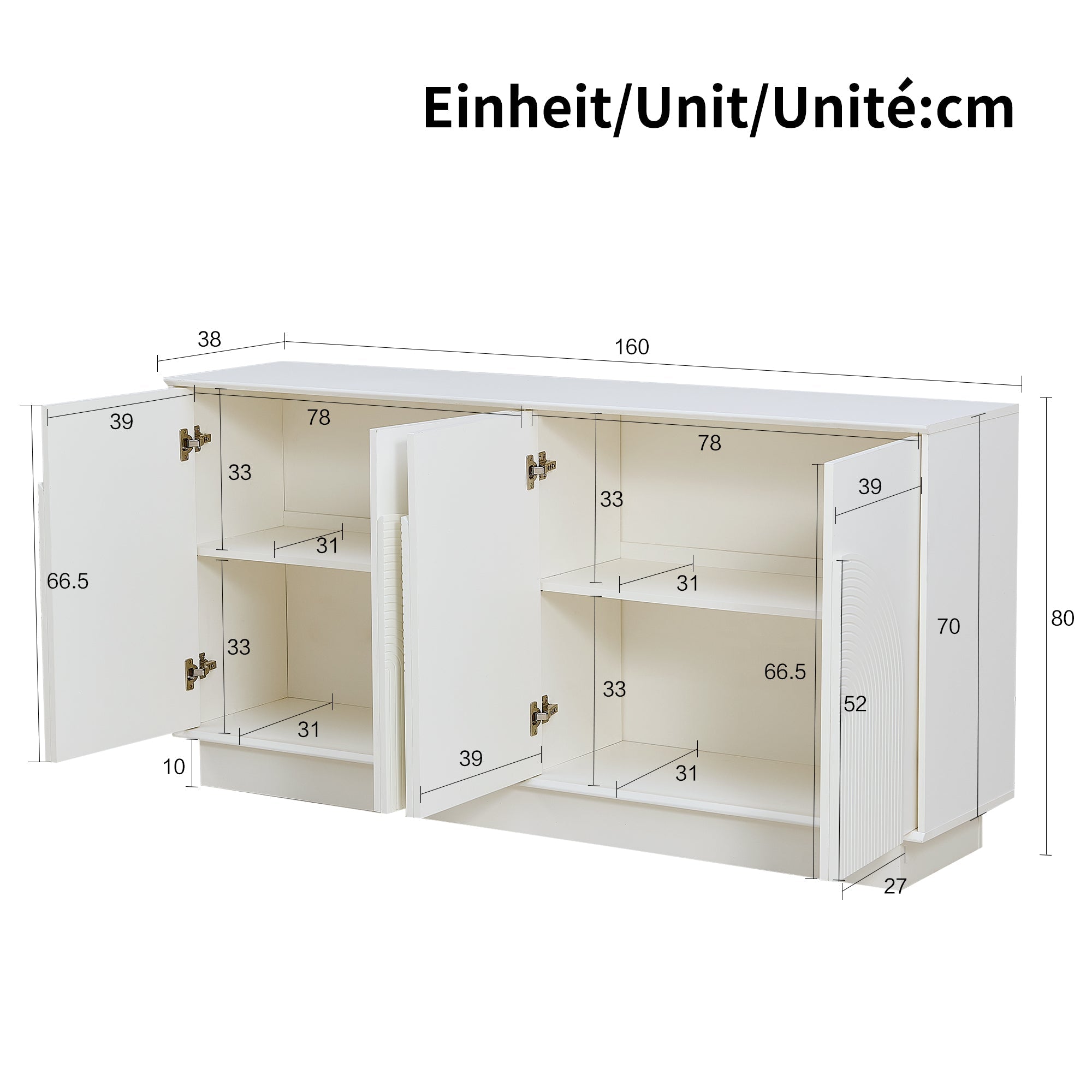 Modern Sideboard with Curved Doors, 4-Door Storage Cabinet for Living Room & Dining Room, White MDF with Matte Finish