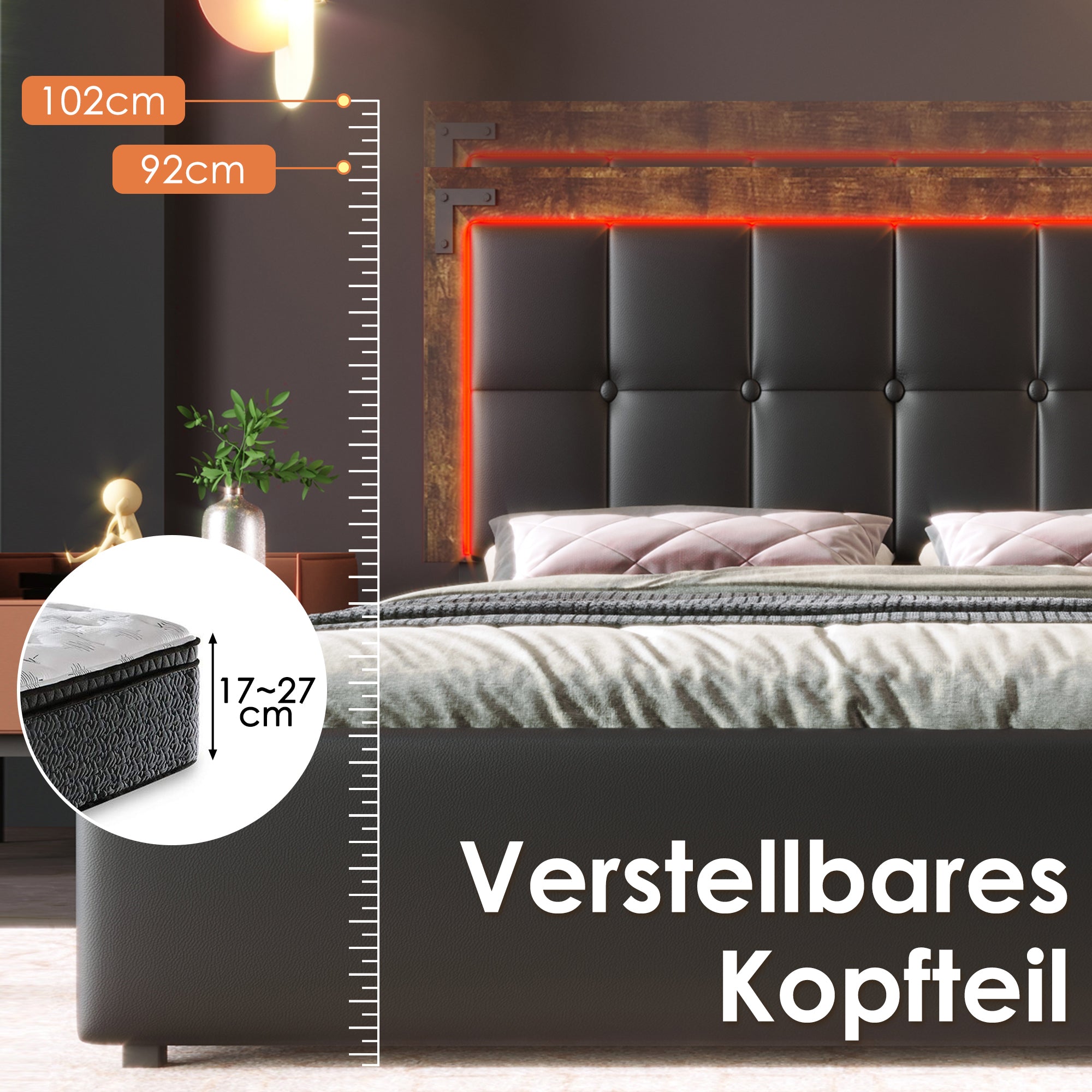 Bed Frame, LED Lighting, 4 Drawers, Adjustable Headboard, Double, PU Black