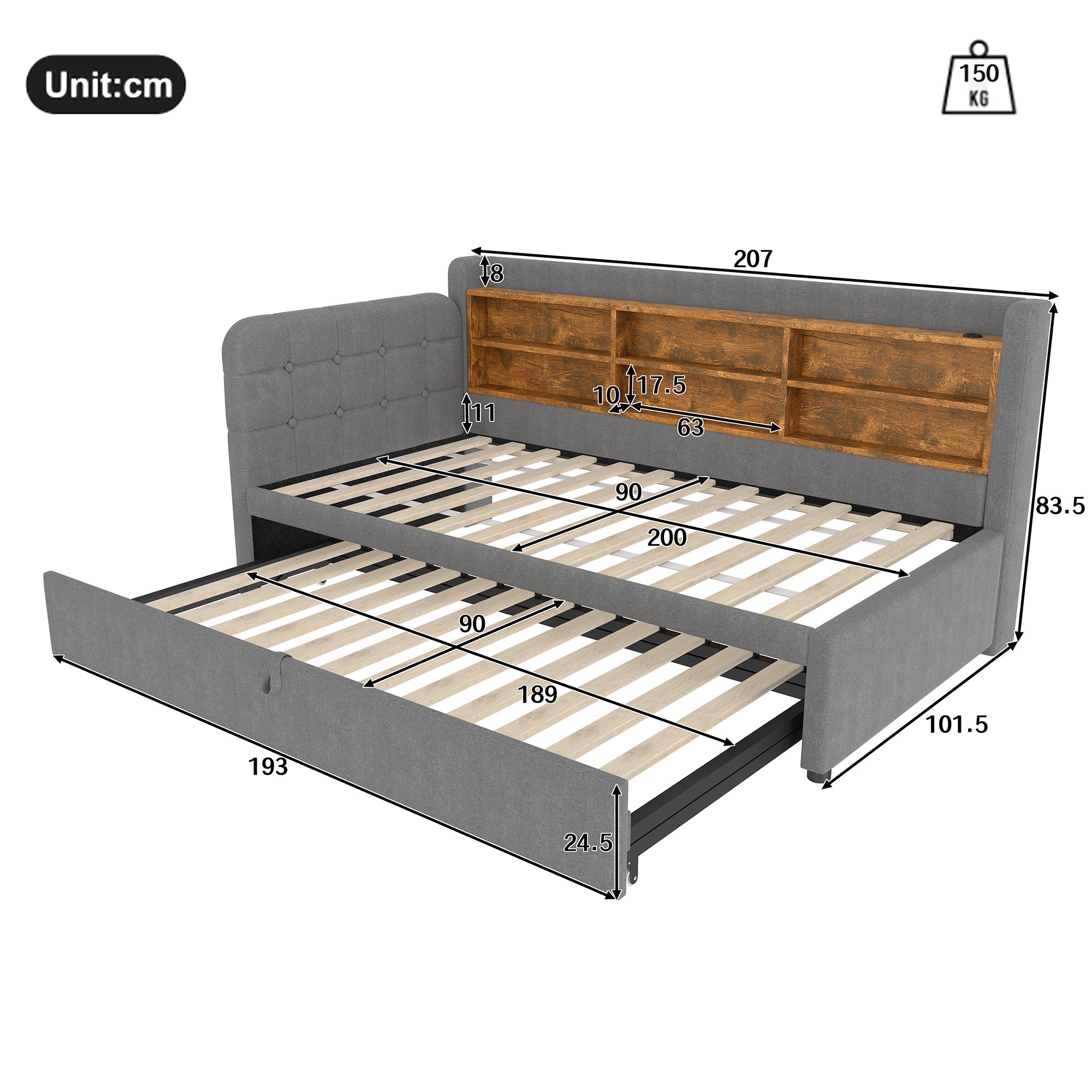 Daybed Sofa Bed 90x200cm Pull-out Storage USB/Type-C - Linen Grey