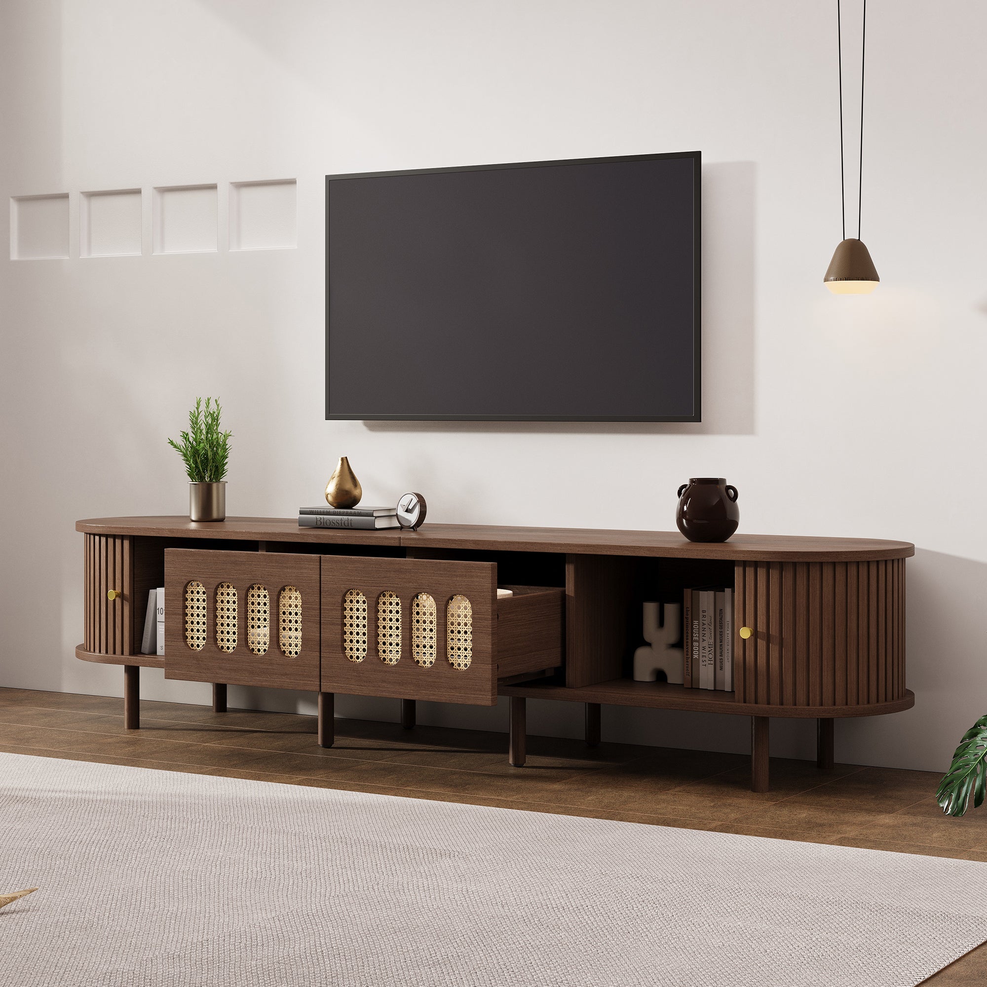 Oval TV Stand Rattan Design 180cm 2 Drawers - Dark Walnut