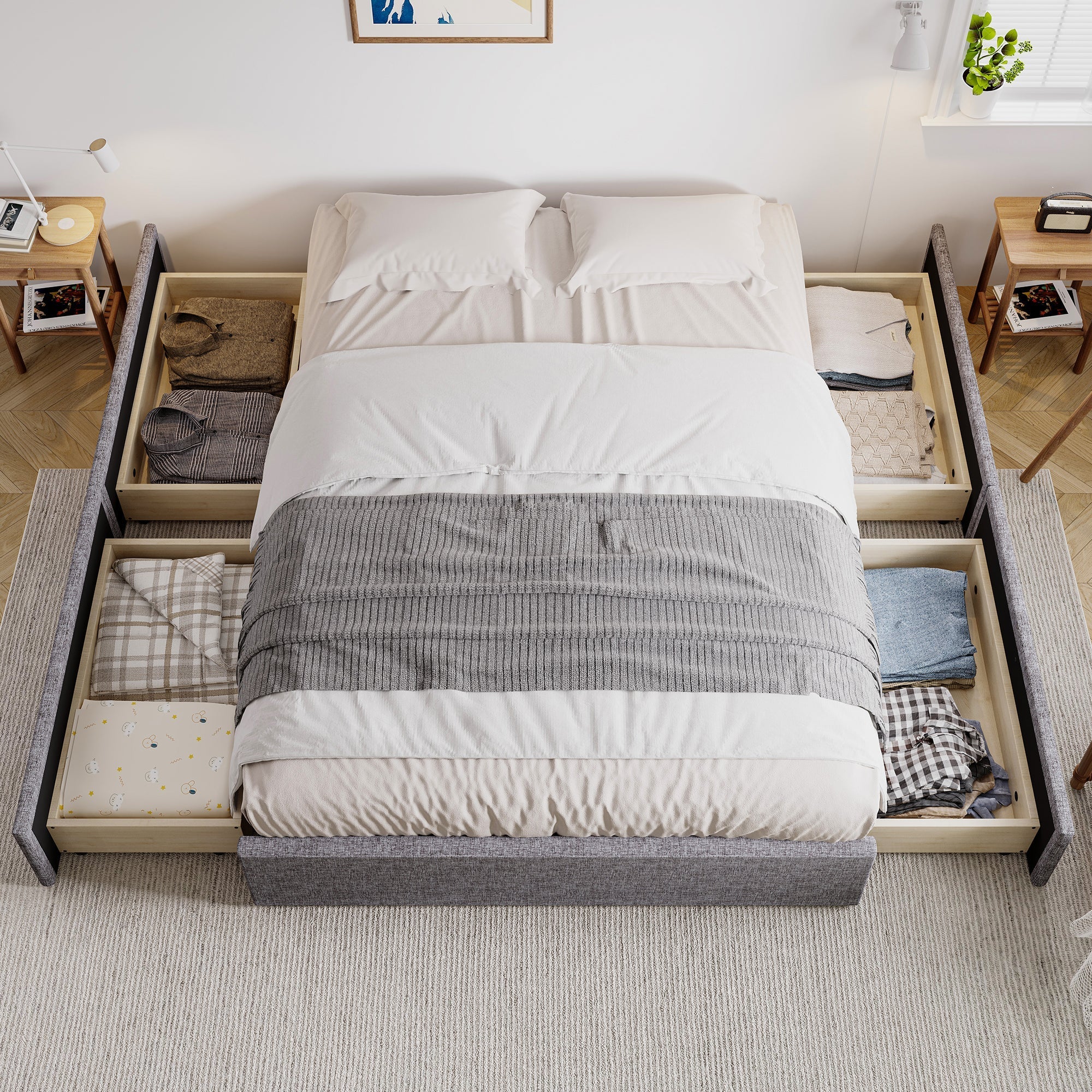 Storage Bed, Upholstered 4ft6 Double Bed with 4 Drawers, Iron Legs, Linen+Iron, Grey