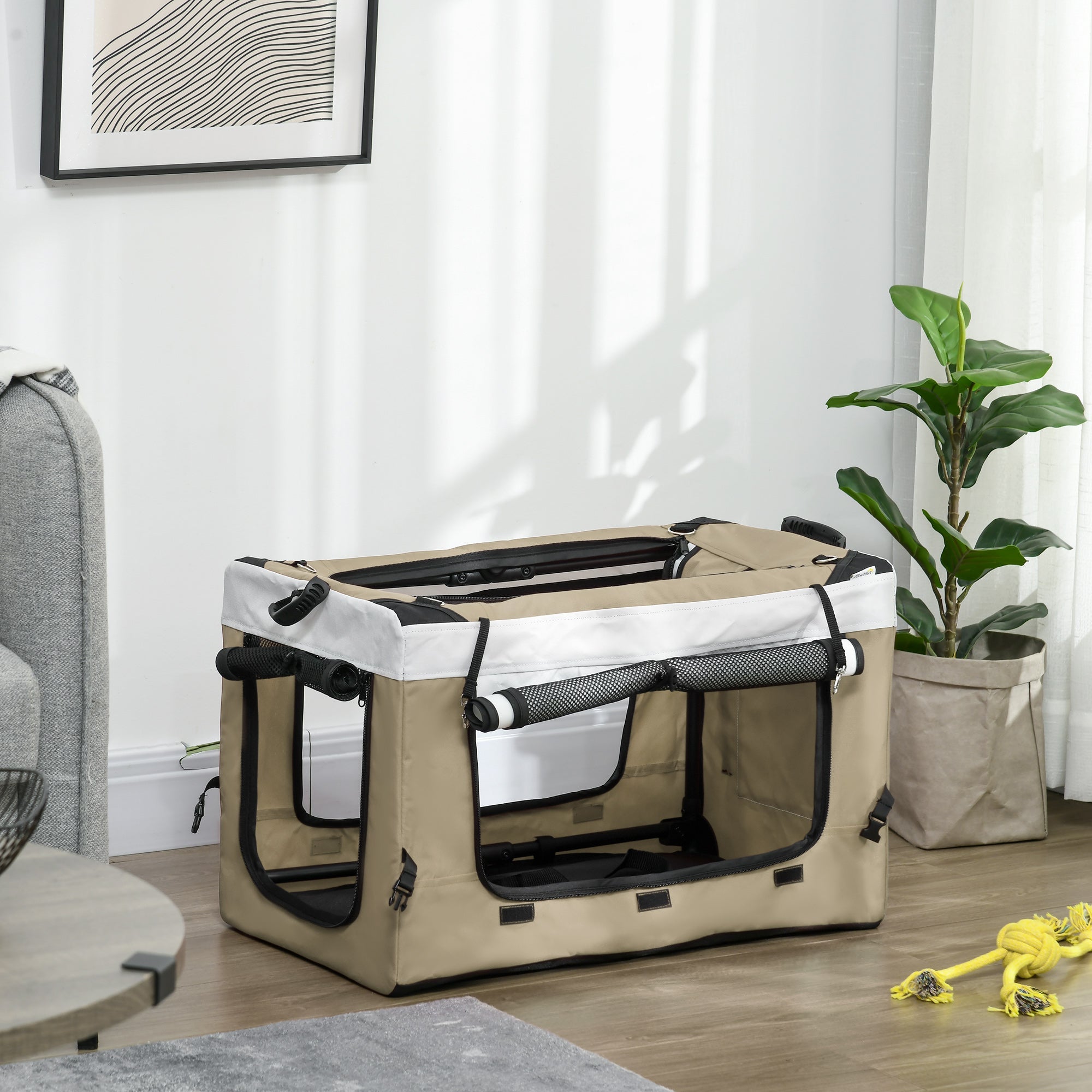 Faltbarer Tierkinderwagen, Abnehmbare Tasche, 4 Räder, Khaki 600D Oxford-Gewebe