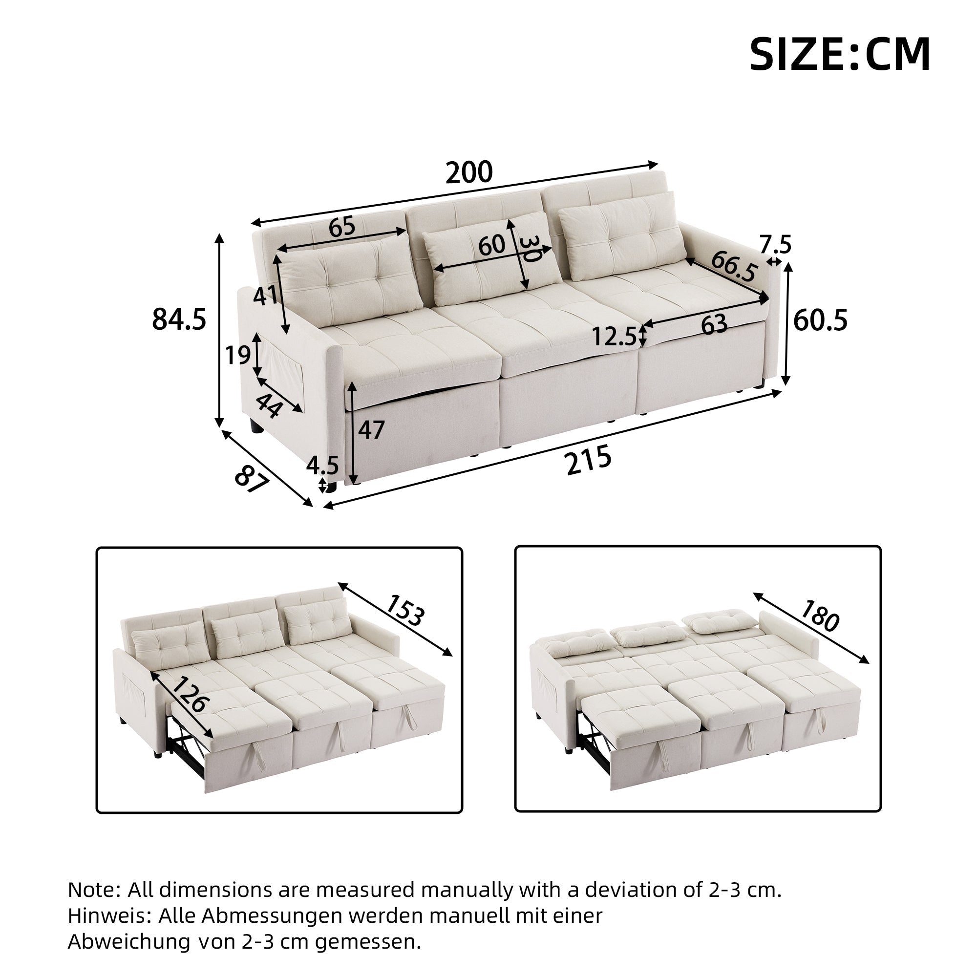 3-Seater Sofa Bed Adjustable Back Storage L-Shape - Beige