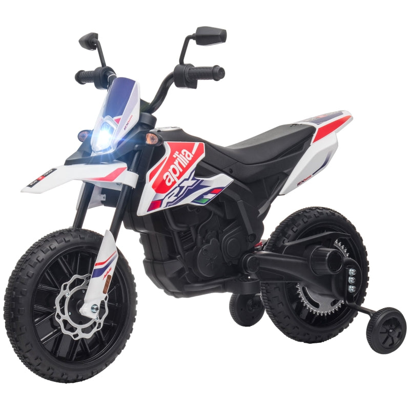 AIYAPLAY Kids' Motorcycle with Training Wheels, LED Lights, Music, USB, 12V, White