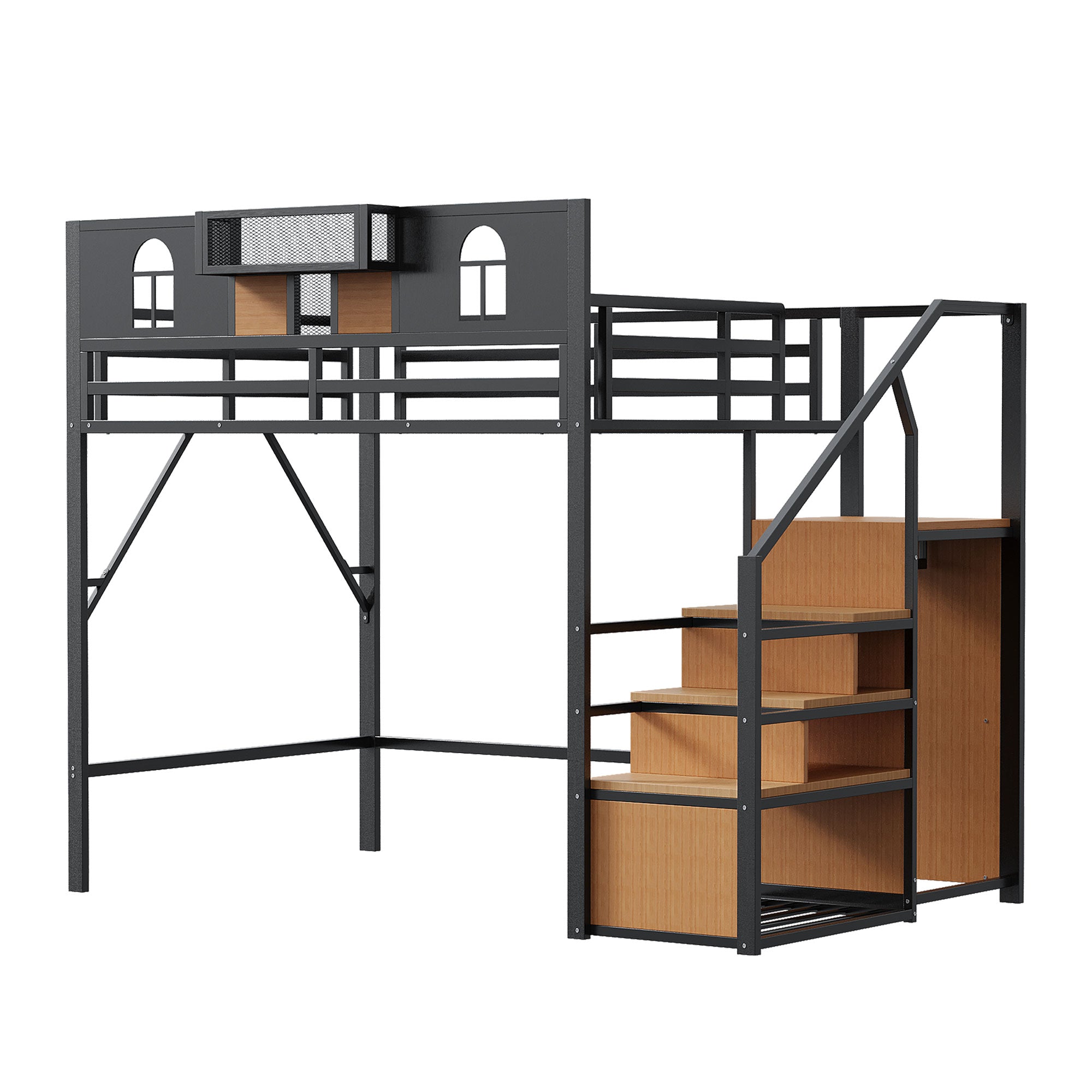 Large Metal Loft Bed with Storage Stairs and Integrated Shelving, Black and Wood Look