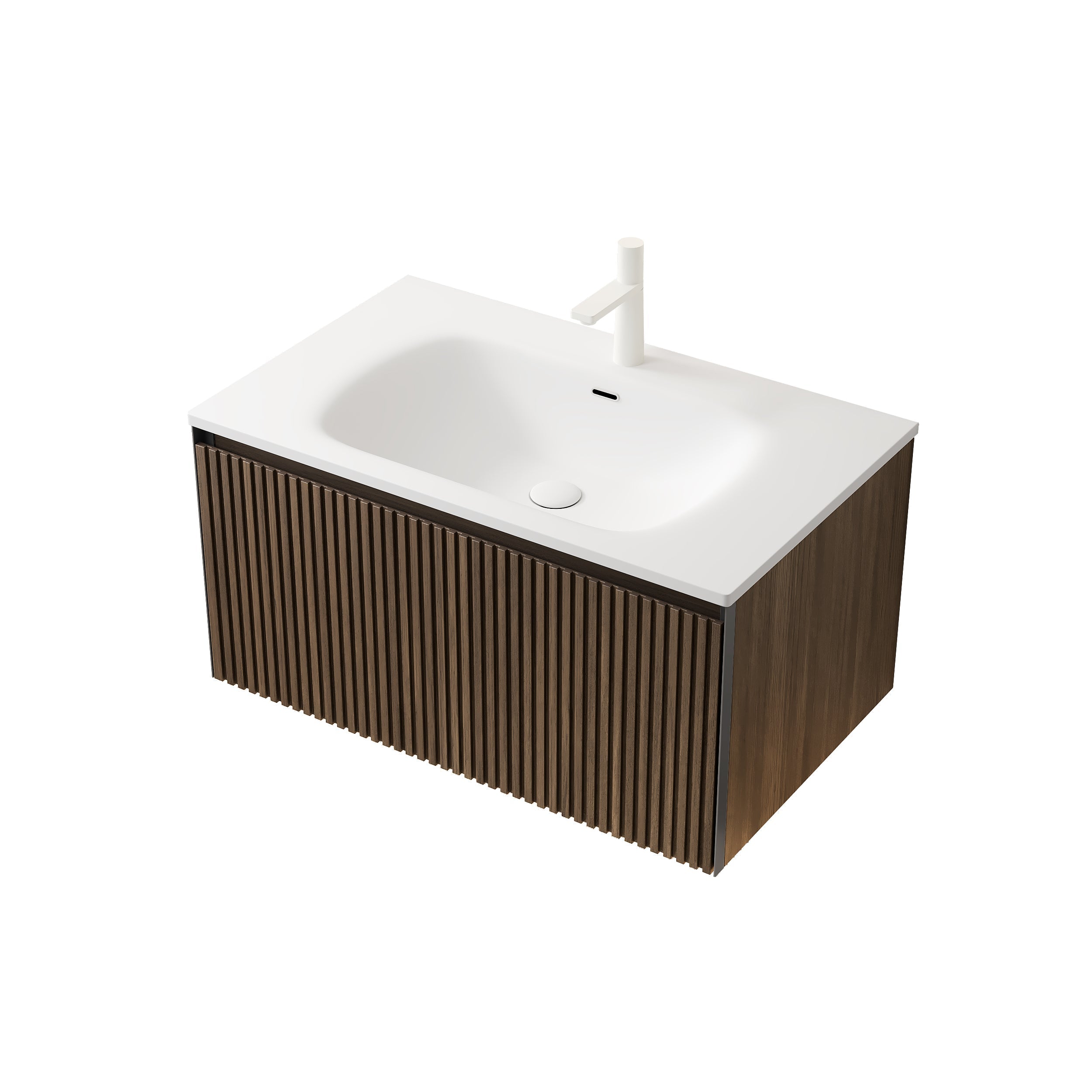 Wall-mounted Bathroom Vanity Unit with Artificial Stone Sink and Drawer, Brown Oak Grain Plywood