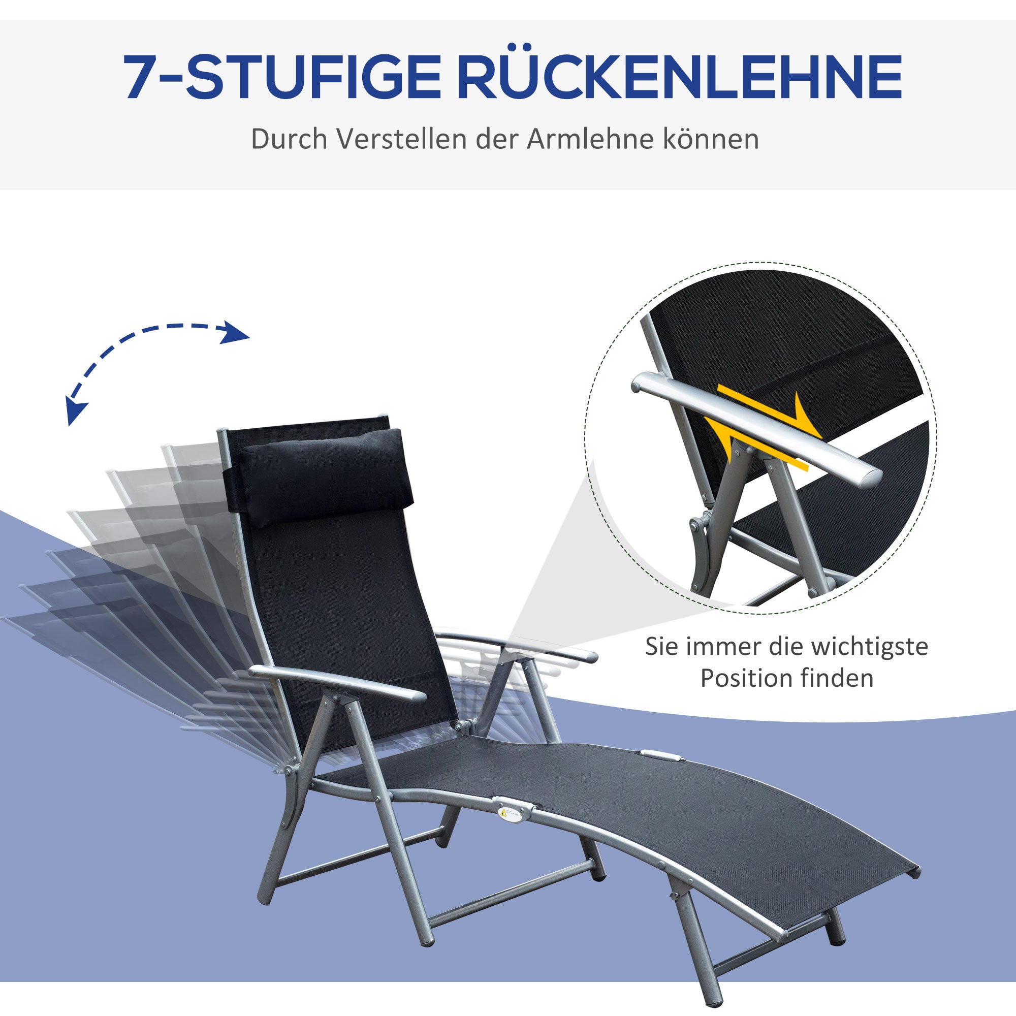 Folding Sun Lounger, Cushion, Beach & Terrace, Metal & Fabric Black