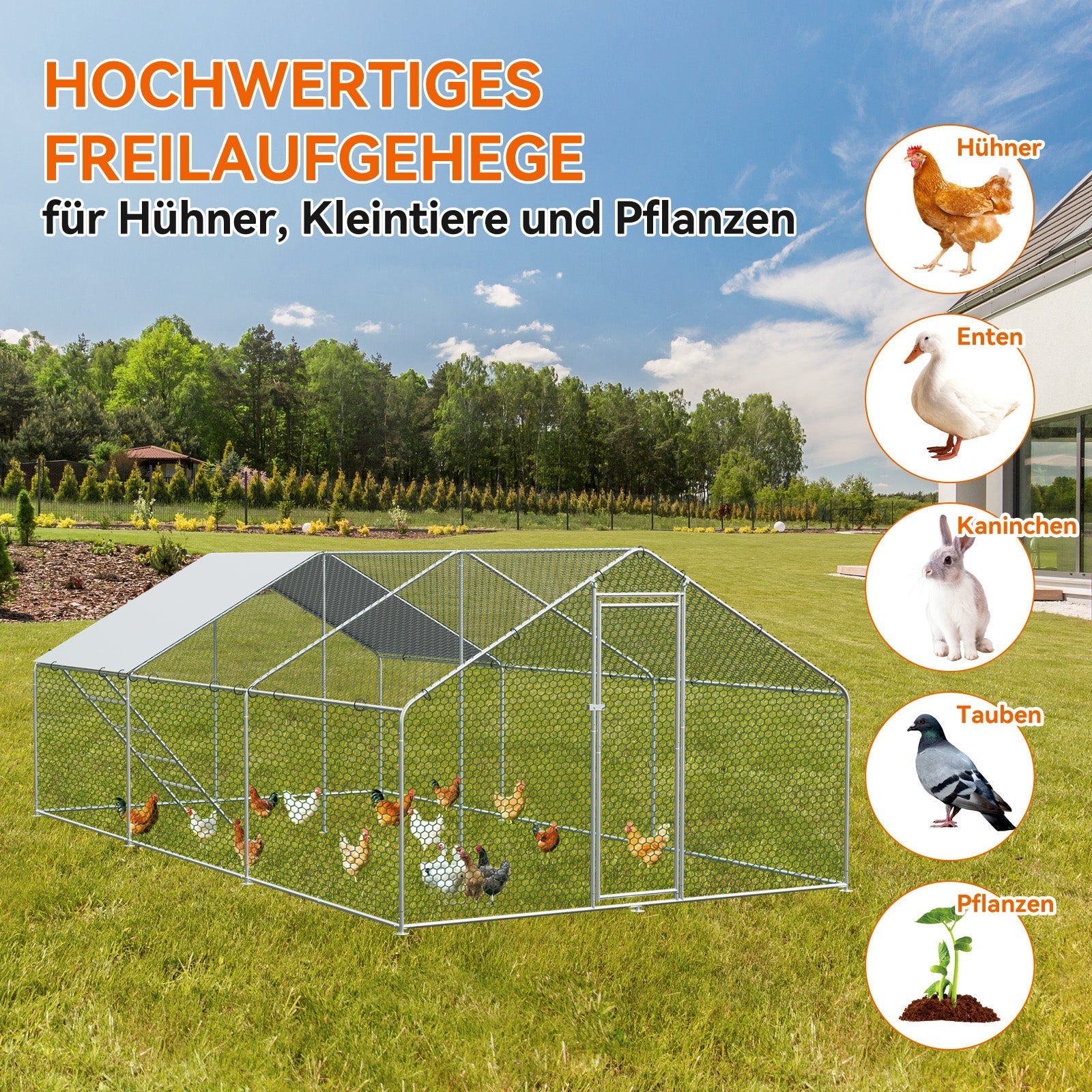 Chicken Run 3x6x2m with Safety Lock & Waterproof PE Cover - Metal