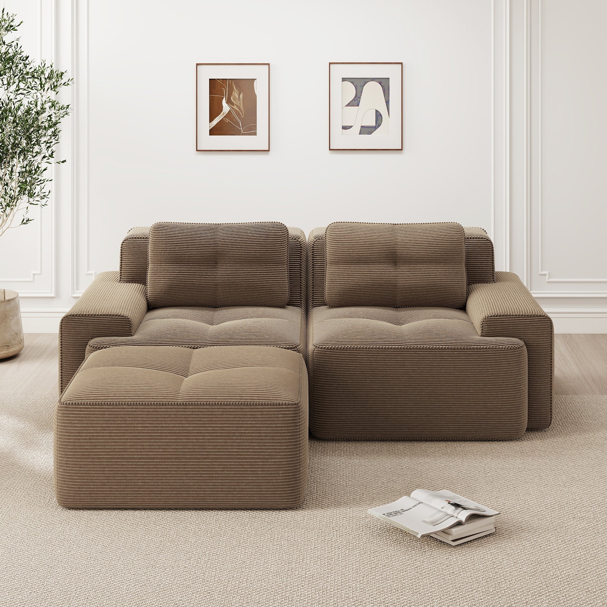 Boneless Modular Sofa L-Shaped Corduroy Sleeper with Ottoman - Brown