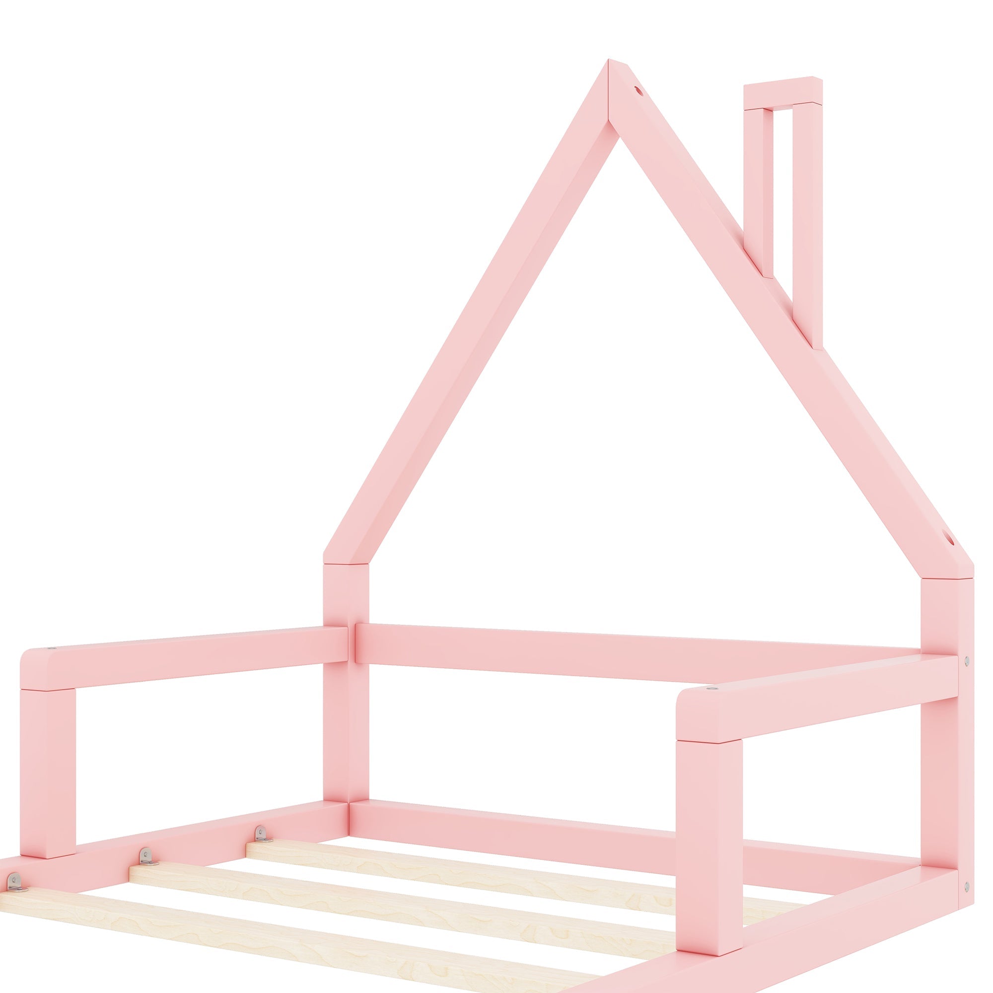 Children's bed, 90x200cm, flat bed, house shape, solid pine, pink
