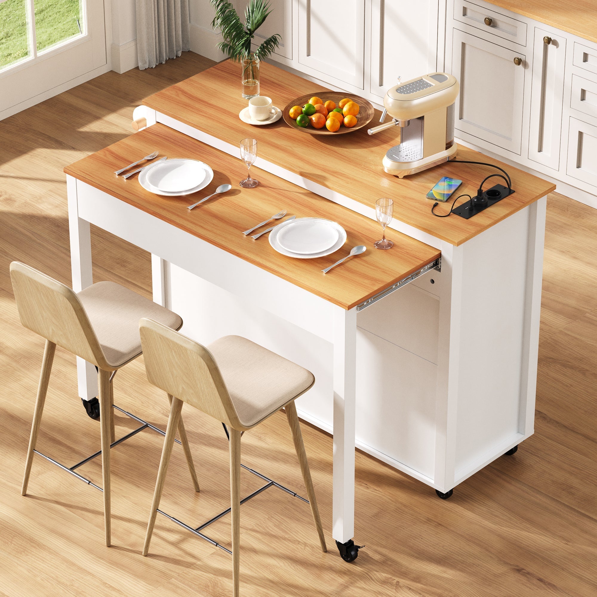 Kitchen Island Extendable Worktop Power Strips Waste Bin - White