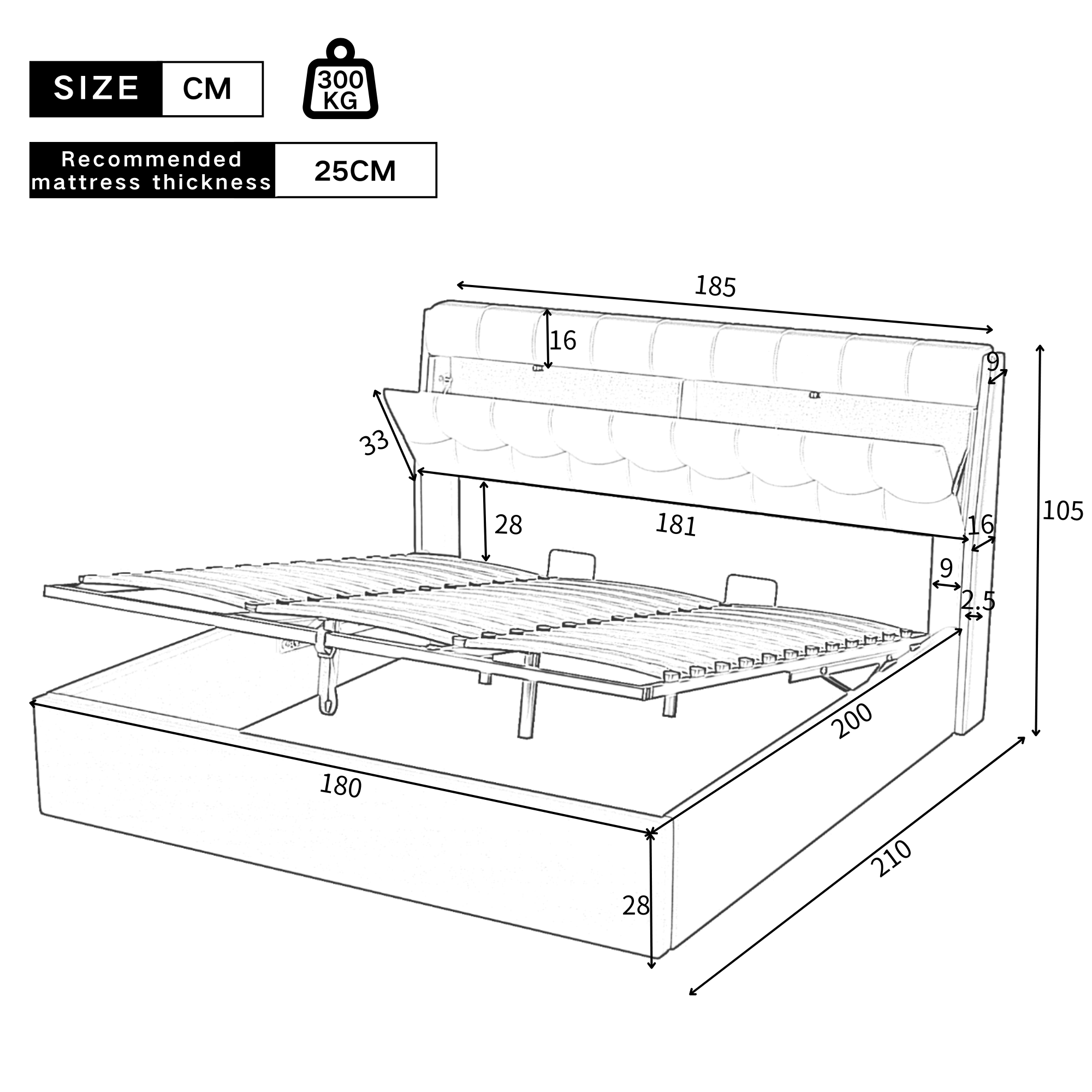 Upholstered Bed with Hydraulic Storage and Concealed Headboard Shelf, 180x200cm, White PU