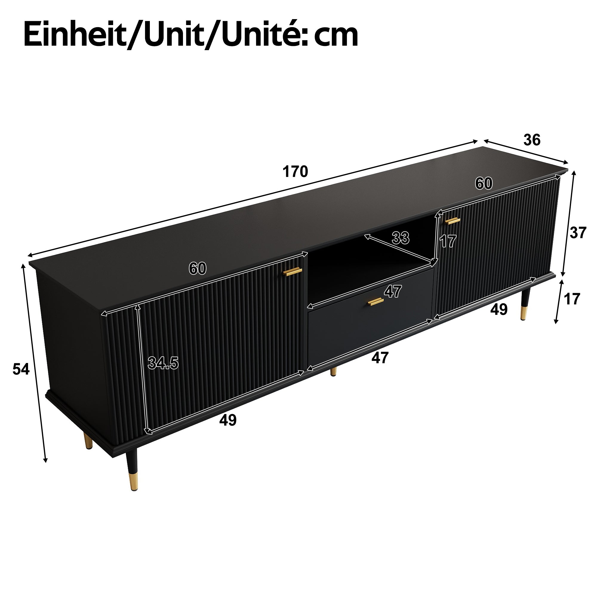 TV Cabinet with Open Compartments, Drawers and Soft-Close Hinges, Lacquered Textured Surface