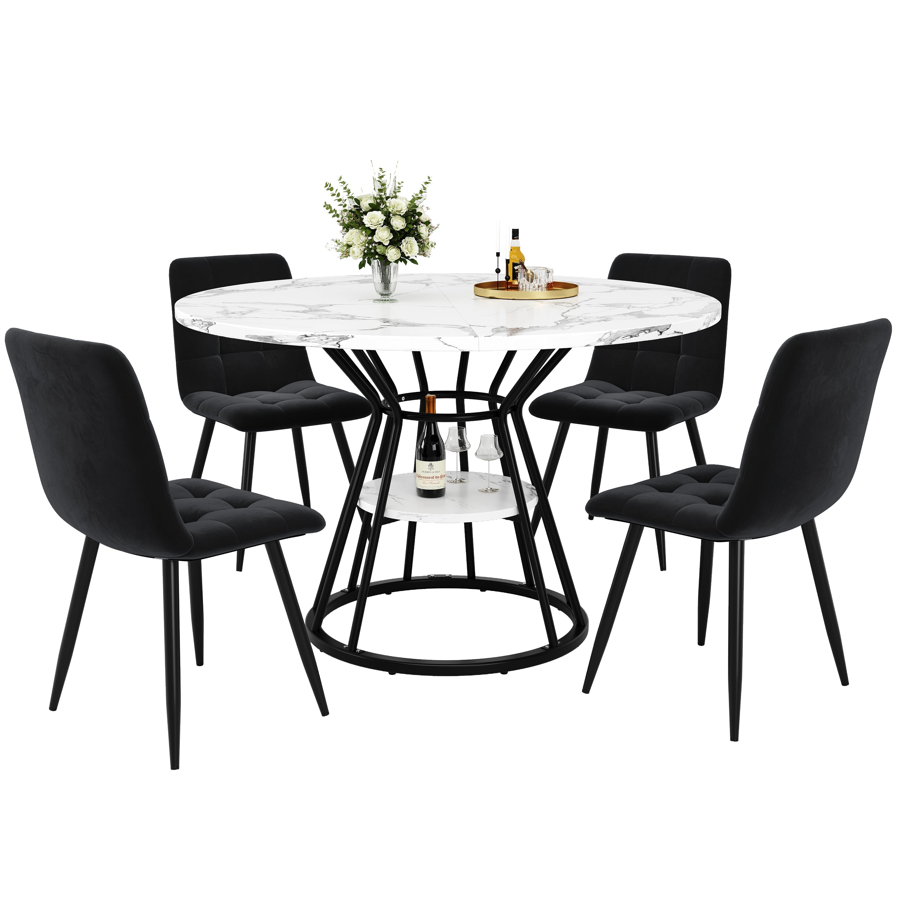 5-Piece Round Dining Table Set with 4 Velvet Chairs and Marble Top, Black