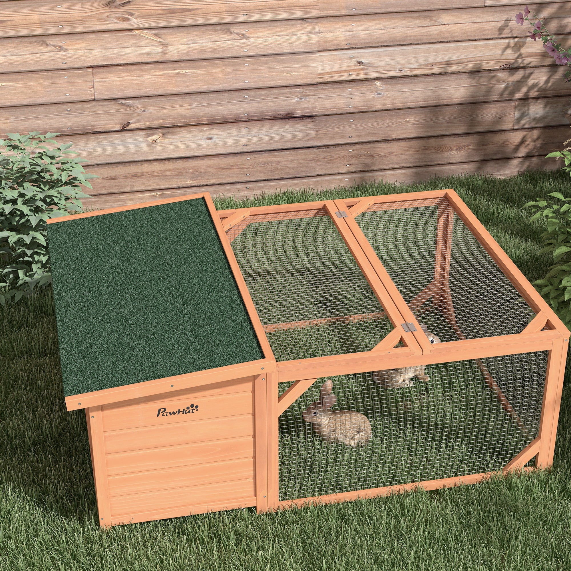 Small Animal Hutch, Dwarf Rabbit Hutch with Asphalt Roof, Fir Wood Orange and Green
