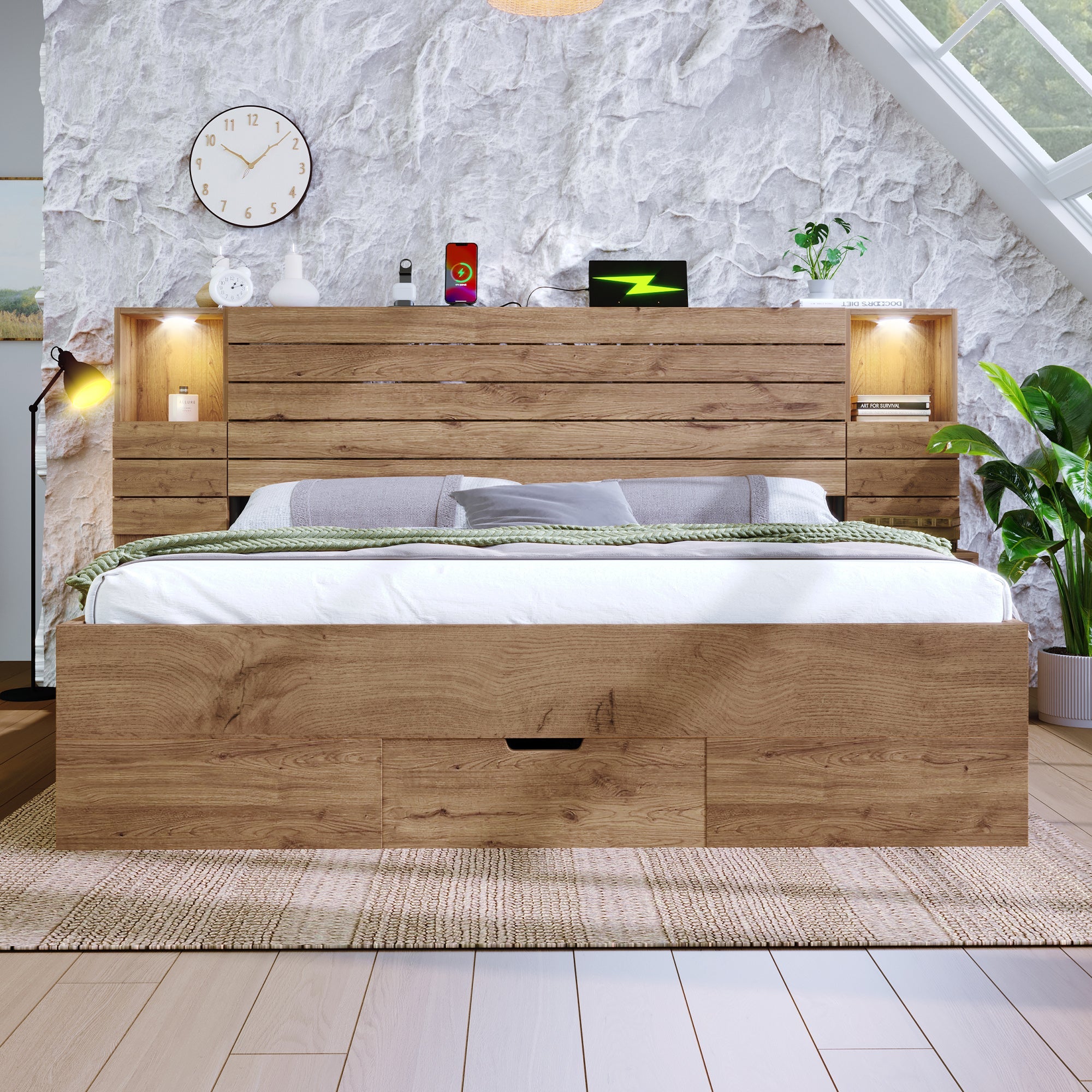 Wooden Double Bed with LED, USB, Niche, Floating Tables, Storage and Mattress, 160x200cm, Oak Look