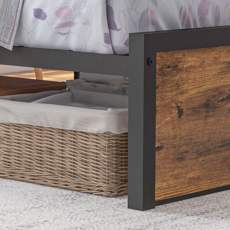 Industrial Single Bed Frame, Steel Base with Storage Headboard and Slats, Rustic Brown