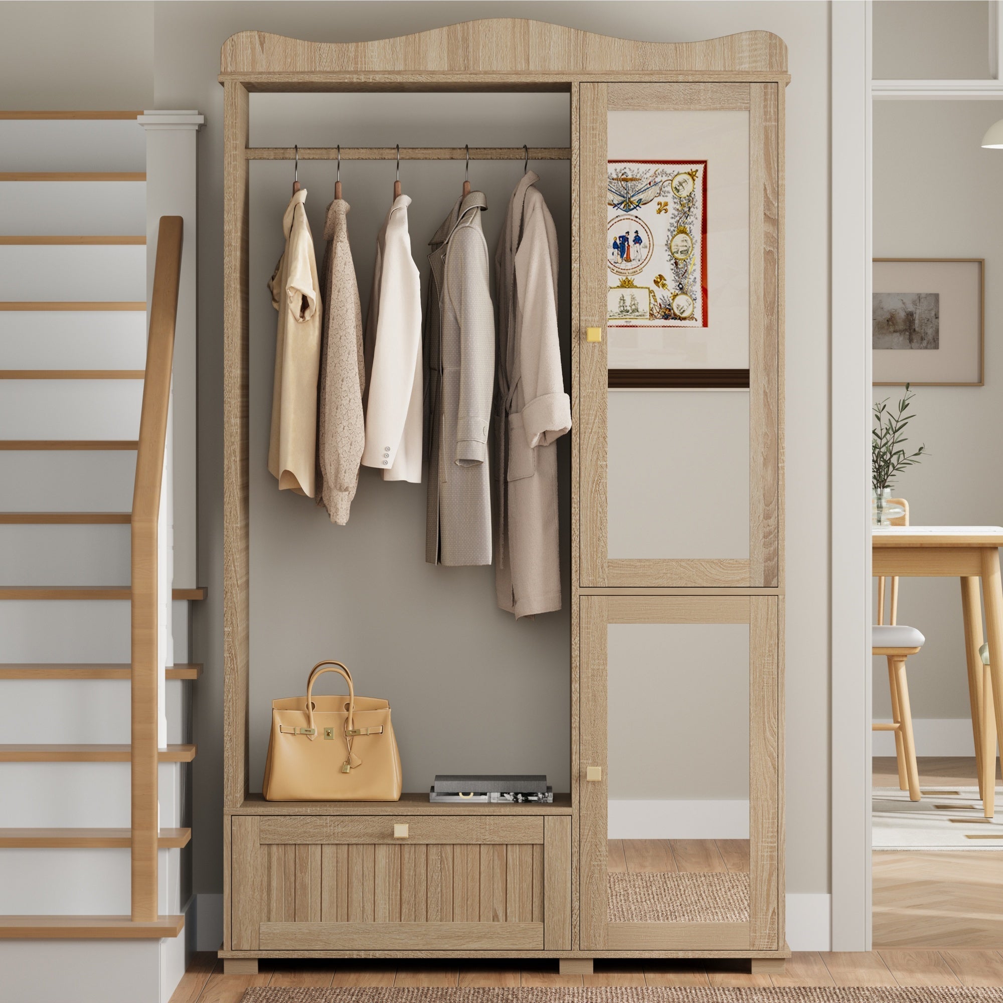 Wardrobe with Mirror and Open Clothes Rack, Drawer and 2 Doors, Wood Wood