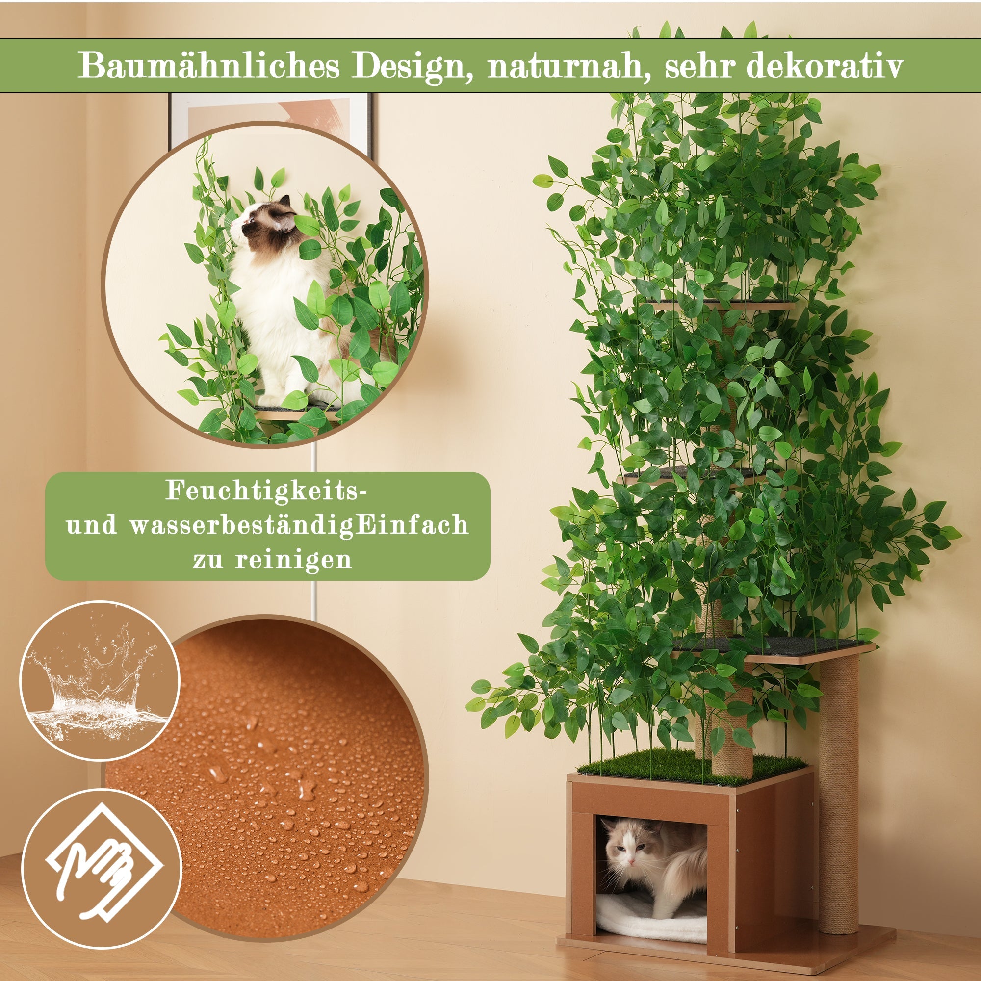 Cat Tree 190cm Tall Tree-Shaped 4 Platforms with Cat Holes Scratch-Resistant MDF