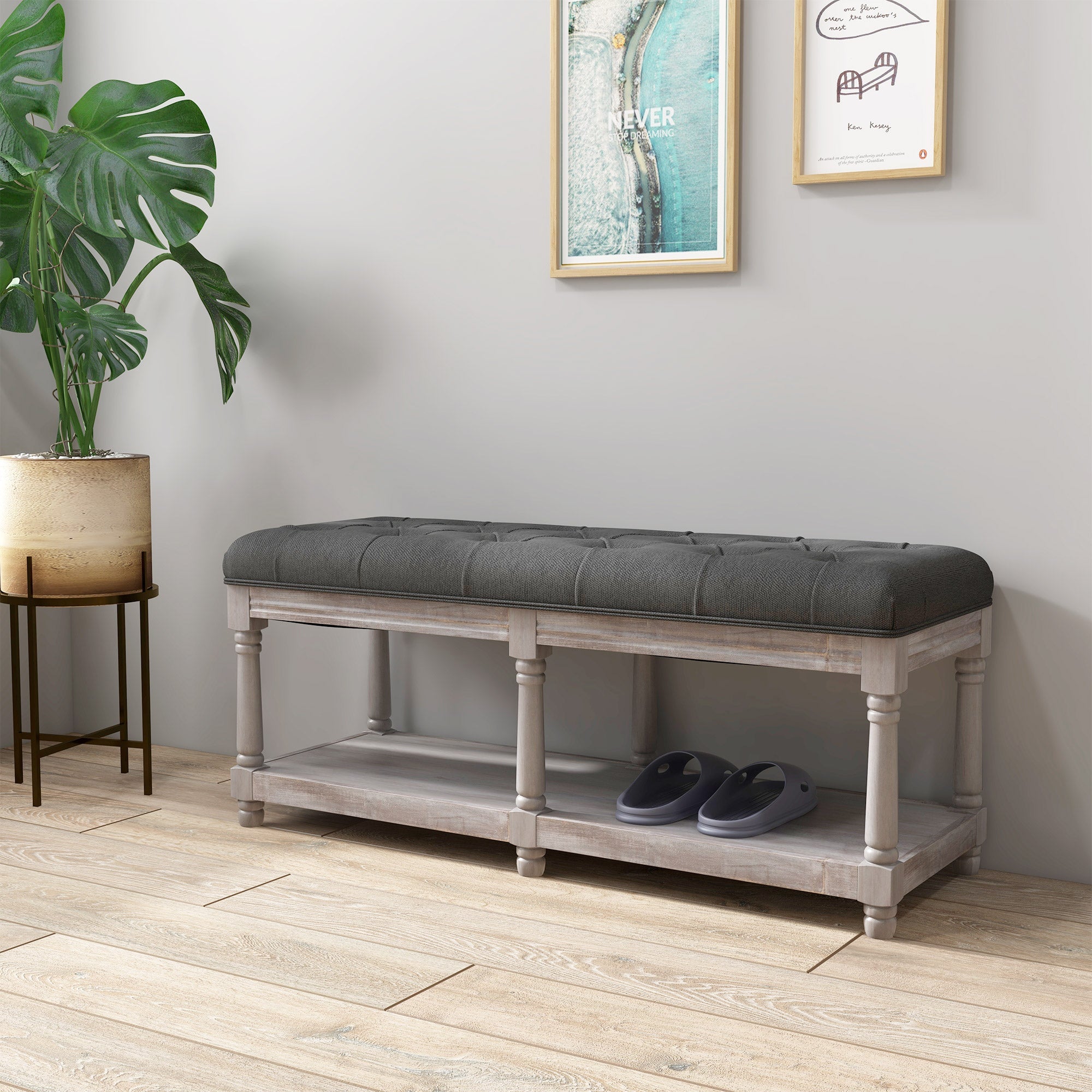 Shoe Bench with Storage, Upholstered, Wooden Legs, Grey Linen