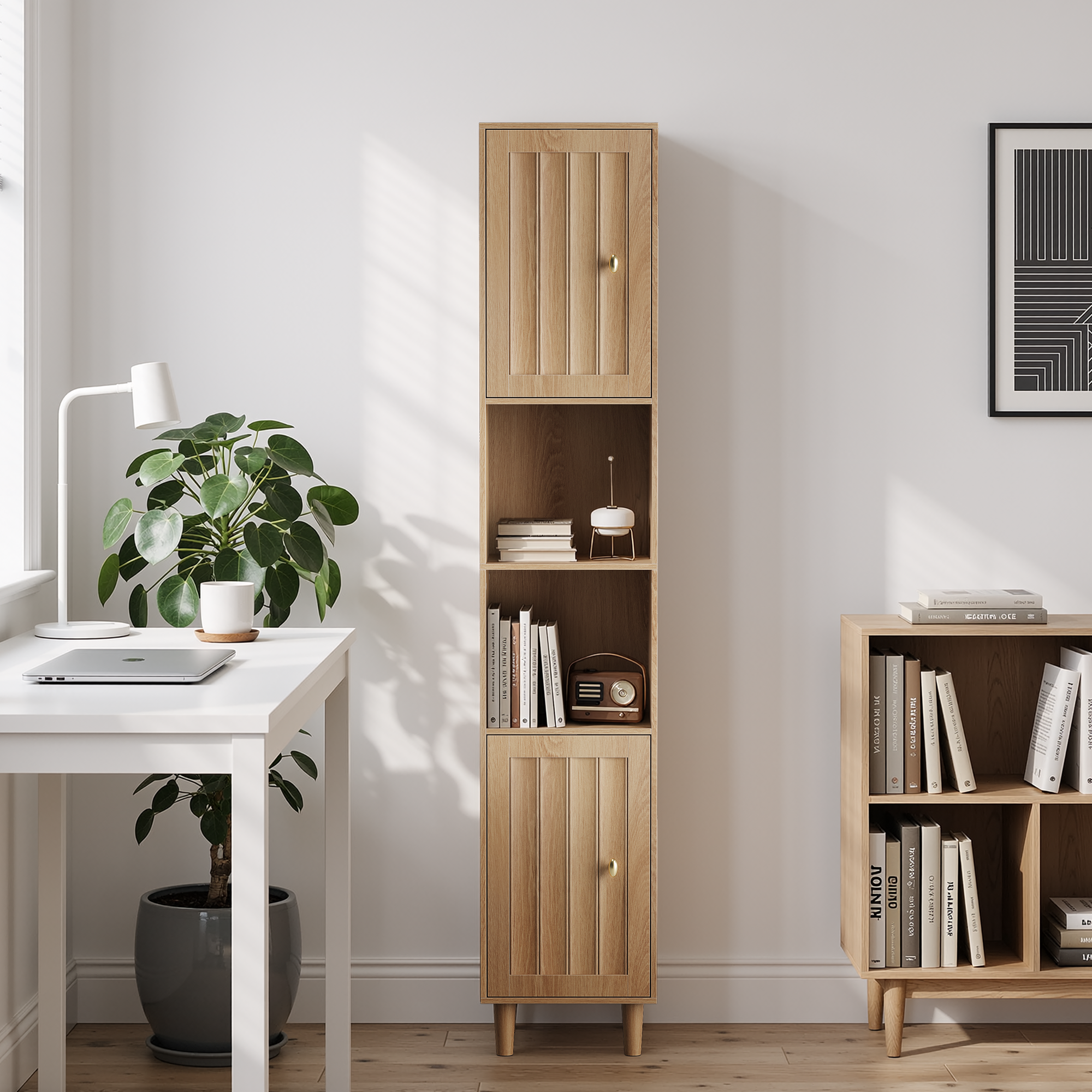 Tall Cabinet Washing Machine Cabinet with Doors and Open Shelves, Narrow Freestanding Storage, Oak Look