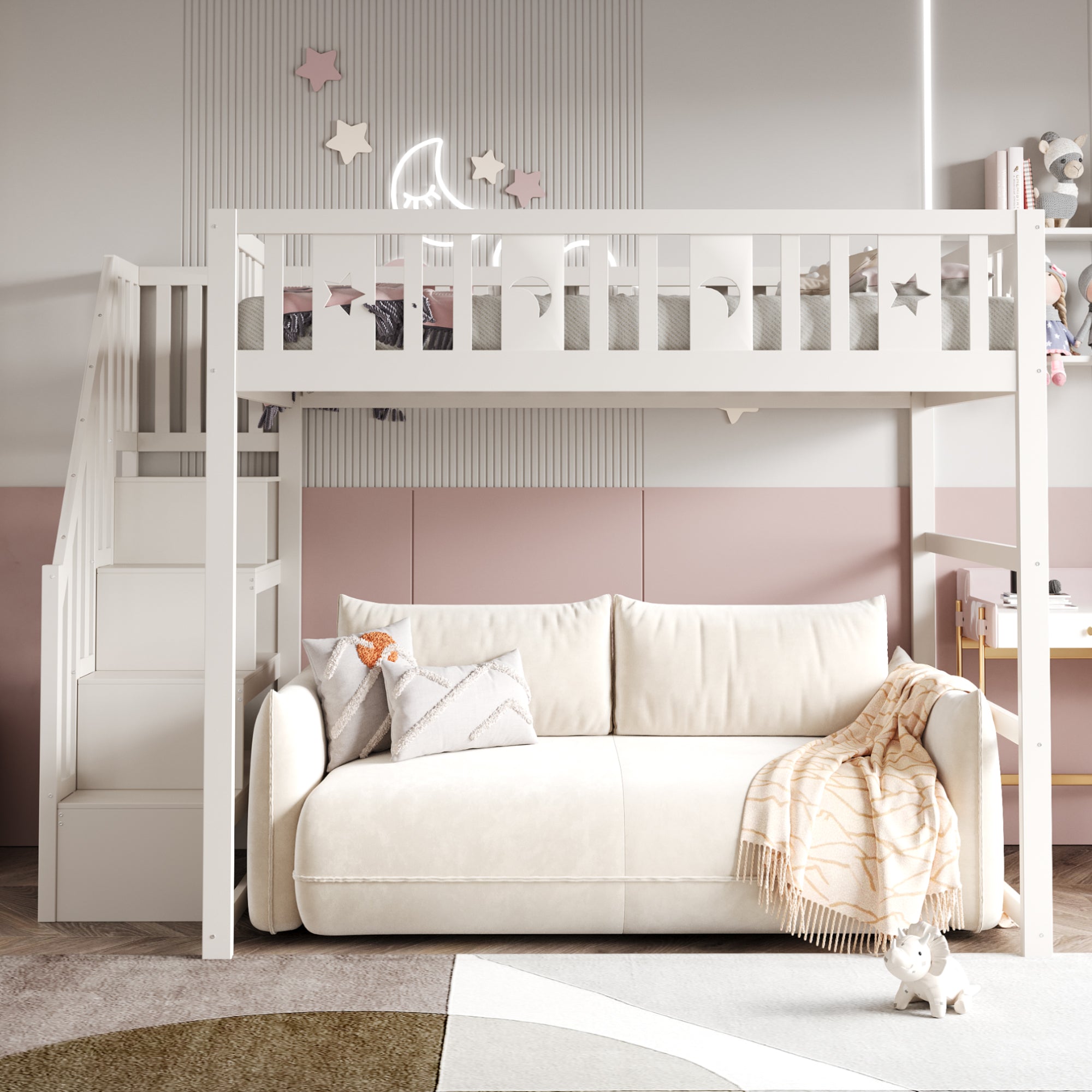 Children's Bunk Bed 140x200 Stairs Safety Railing, Solid Wood White