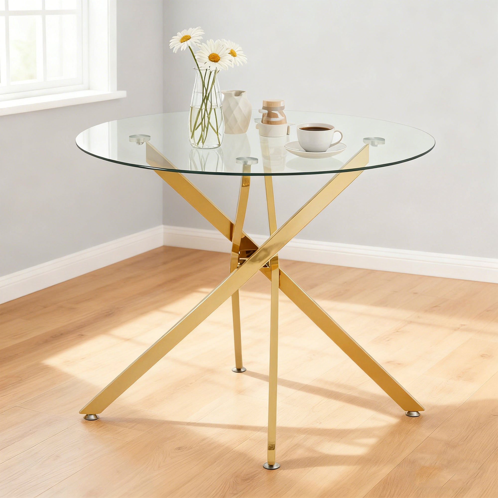 Dining Table Round Tempered Glass Top Gold Legs 80x80x76cm