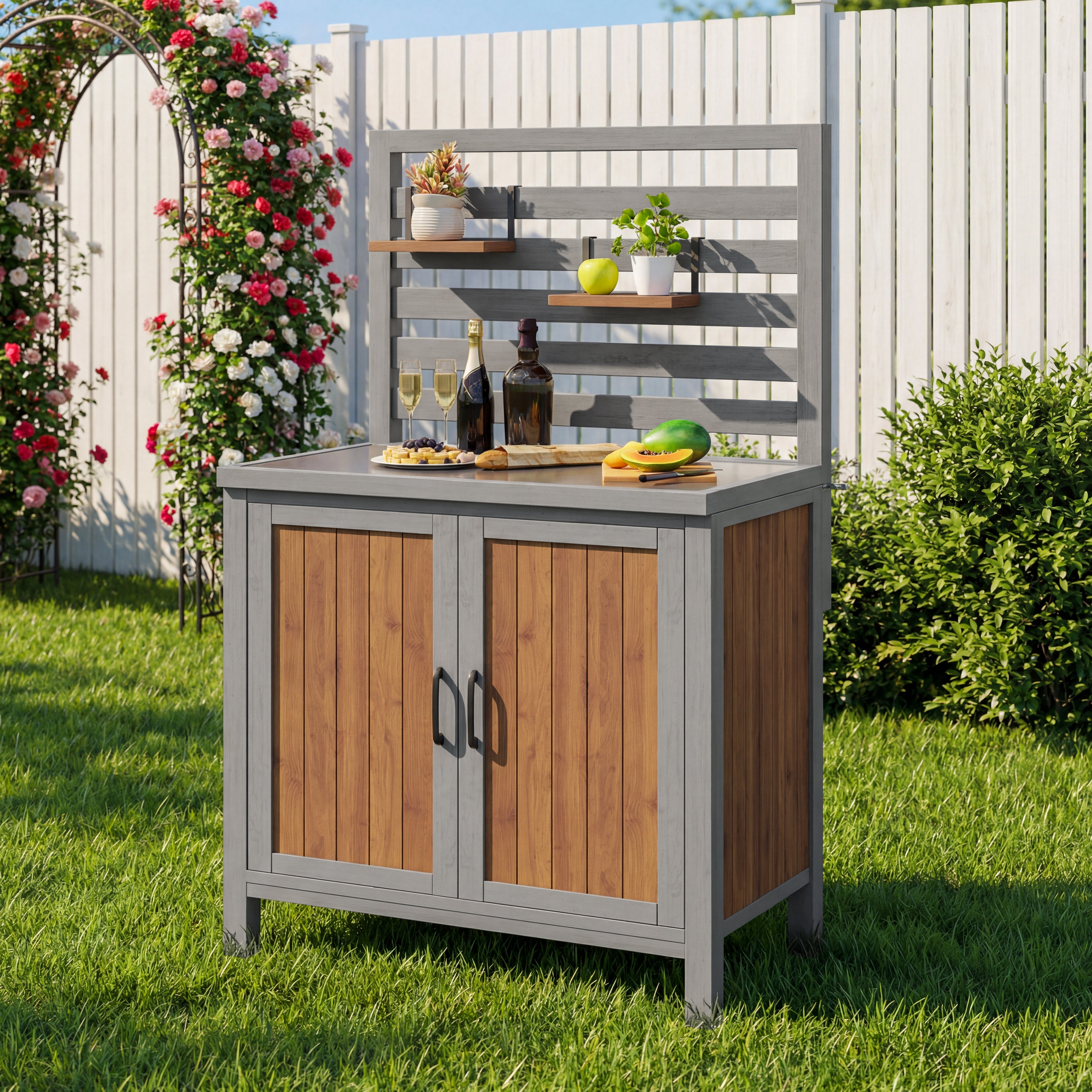 Weatherproof Garden Cabinet with Stainless Steel Worktop and Adjustable Shelves, Wooden