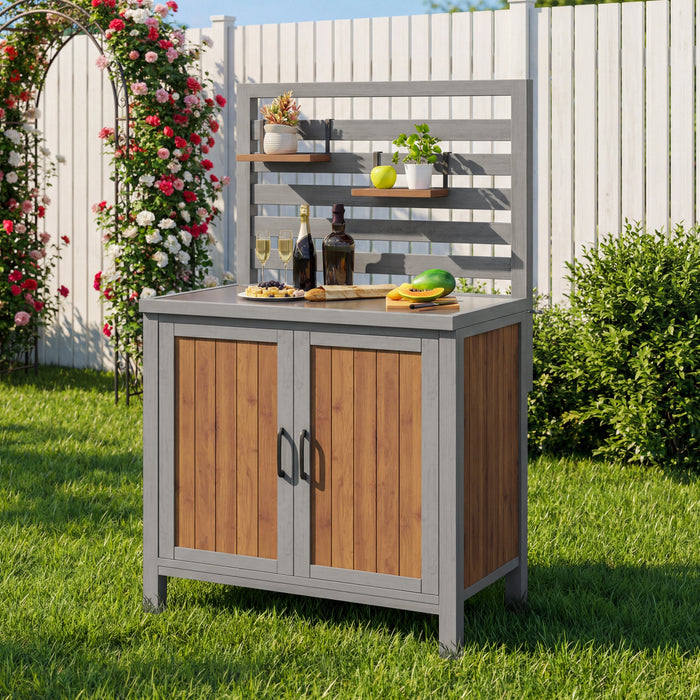 Weatherproof Garden Cabinet with Stainless Steel Worktop and Adjustable Shelves, Wooden