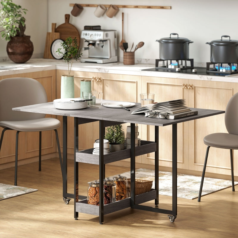 Folding Dining Table, 2-4 People Mobile with 2 Open Shelves, Gray