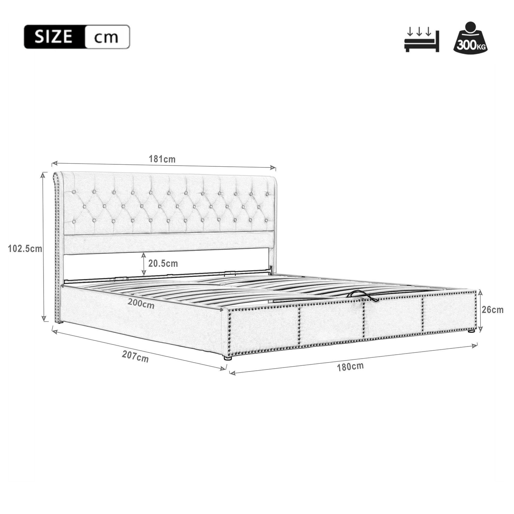 Upholstered Bed, Super King Size (180x200cm) with Hydraulic Lever & Rivet Decoration, Velvet Grey