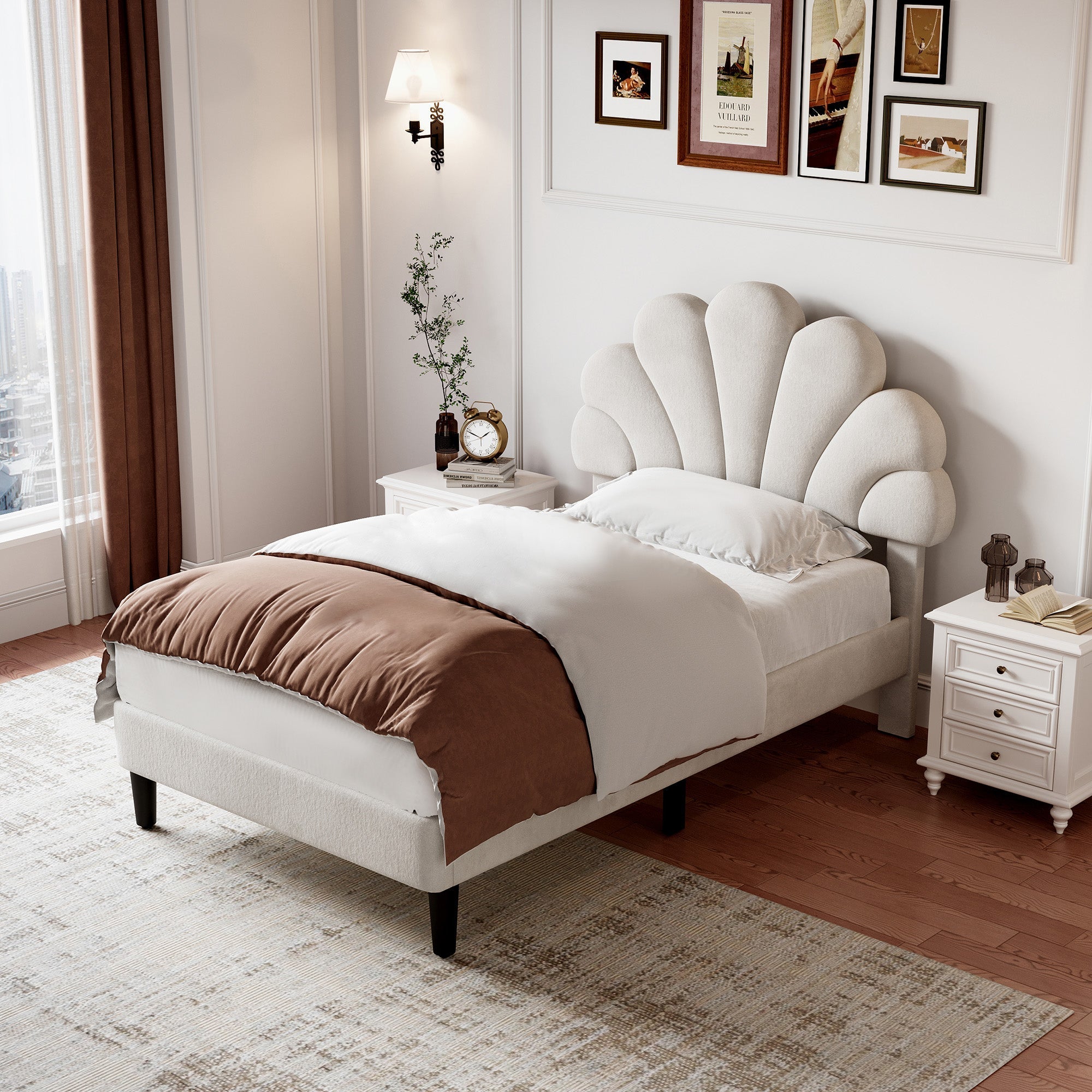 3ft Single Upholstered Velvet Bed Frame with Adjustable Chic Petal Headboard, Beige
