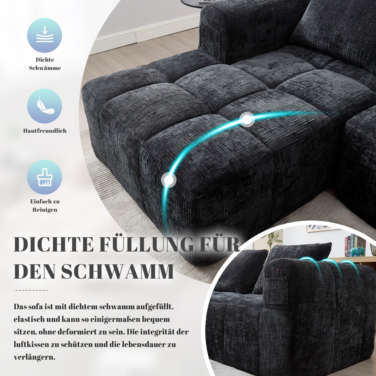 Modern Sectional Sofa L-Shaped 3-Seater Chaise Lounge, Chenille Black