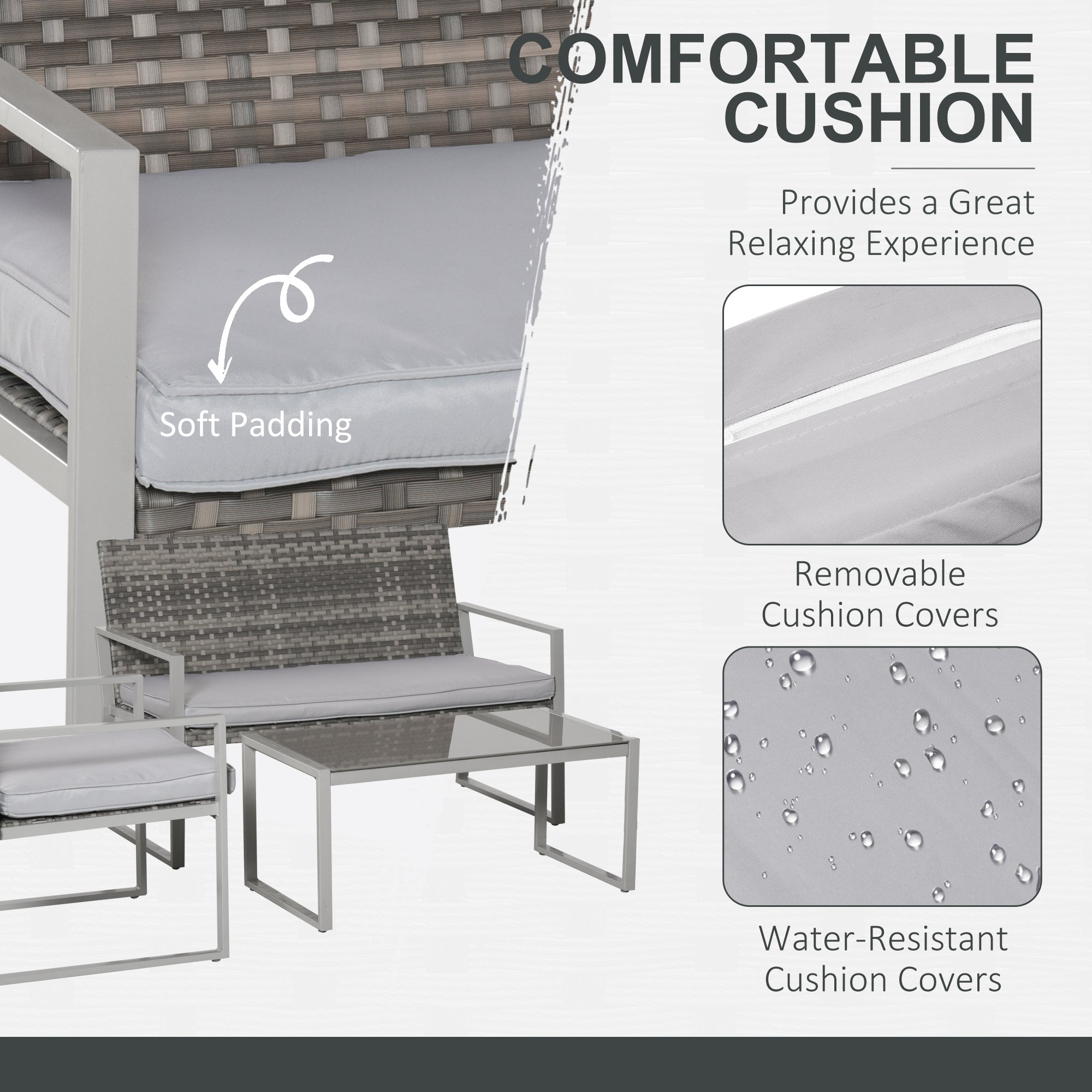 4PC Rattan Garden Furniture Set with 2 Single Chairs, 1 Bench, and Coffee Table, Grey Wicker Weave