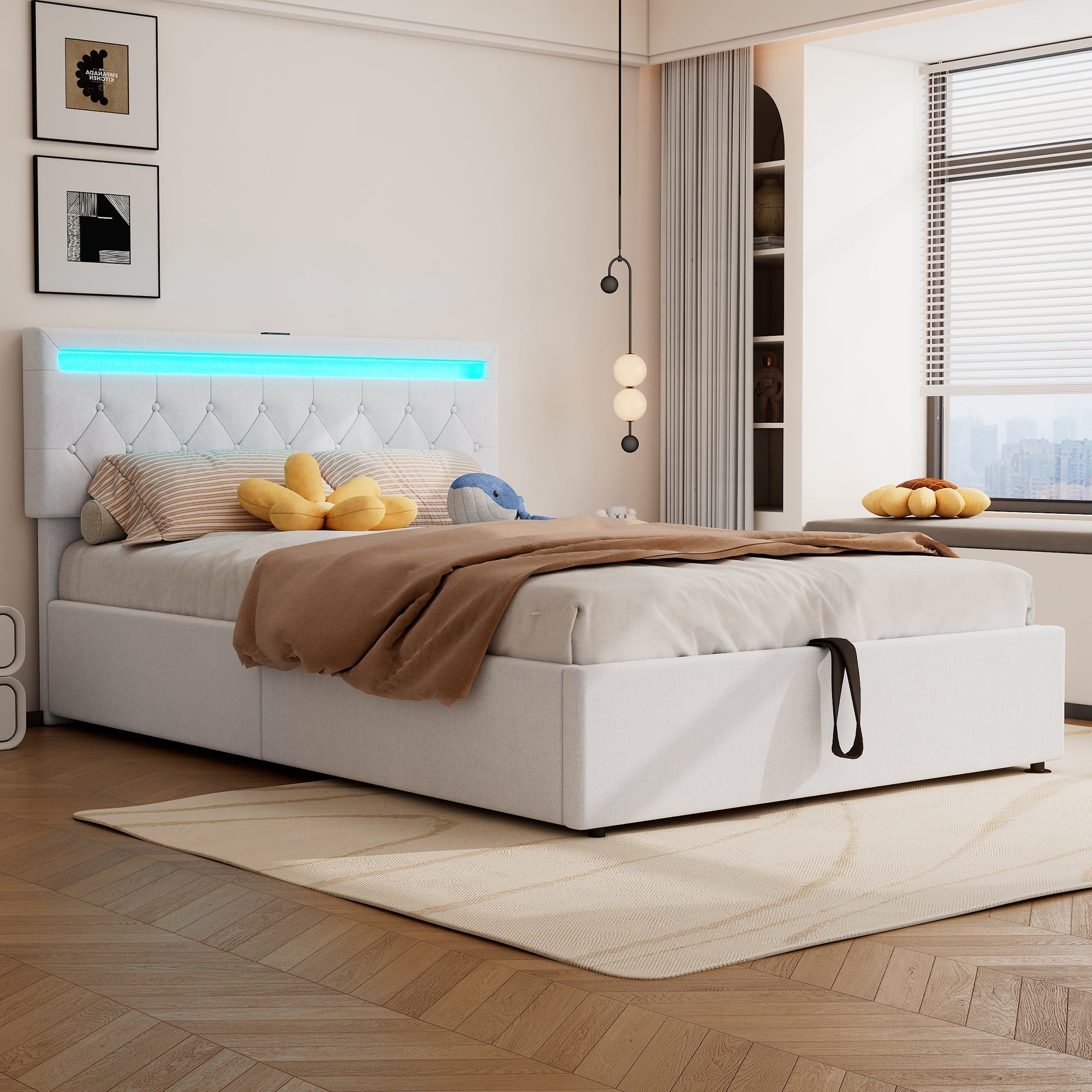 Upholstered Bed 140x200cm Adjustable Ambient Light USB/Type-C Storage - White