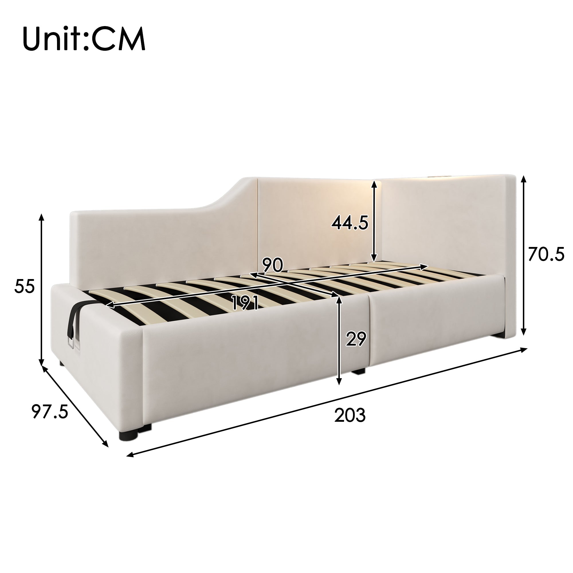 Upholstered Daybed, 90x190cm Sofa Bed with Hydraulic Storage & USB-C, Velvet Beige