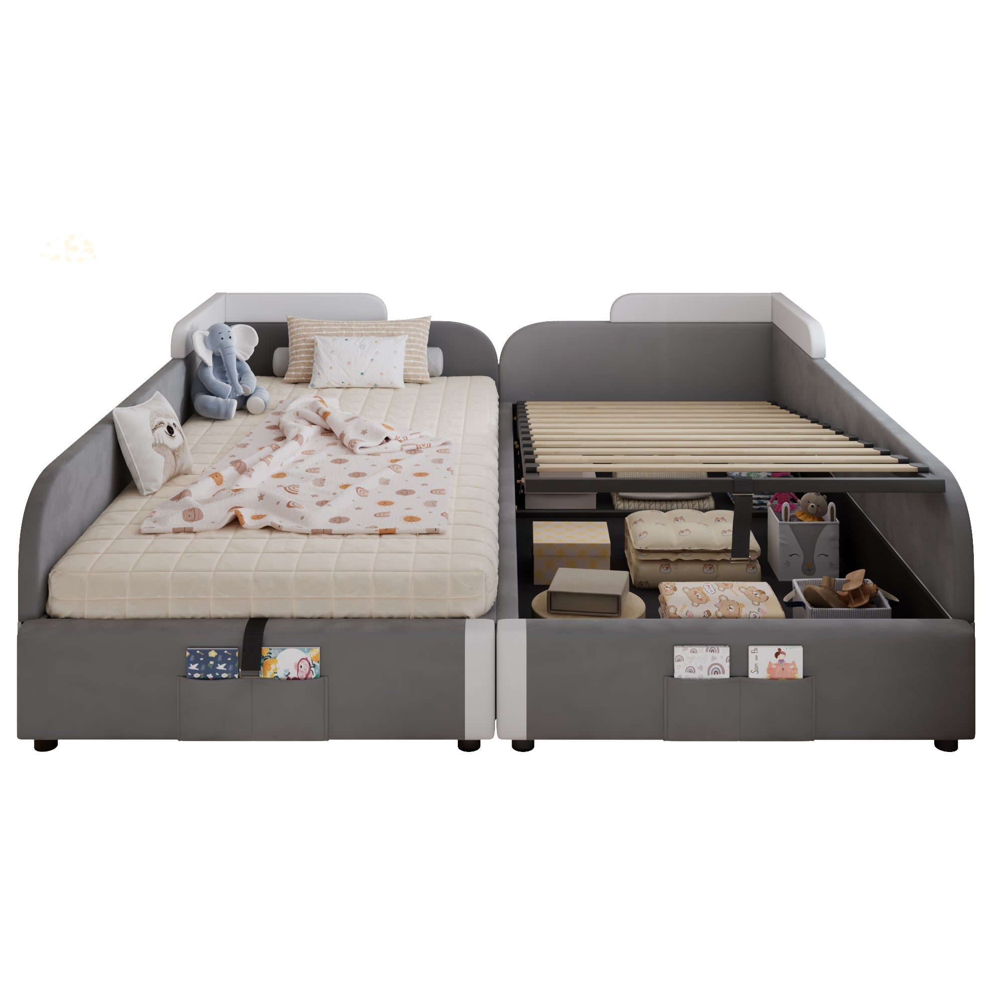 Upholstered Bed, Combined Children's Hydraulic with Storage, Grey Velvet & Plywood