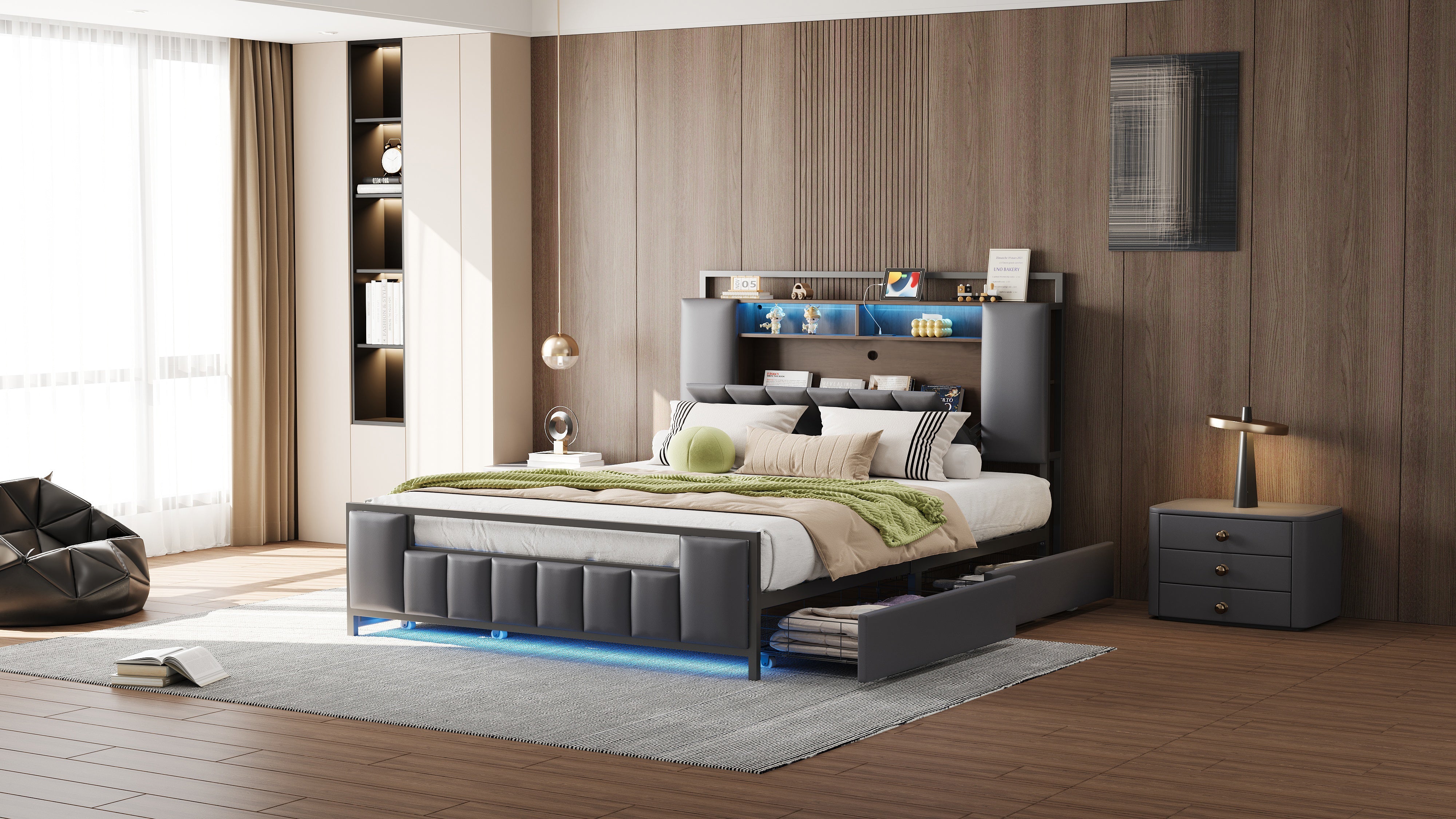 Upholstered Bed, Multifunctional with LED & USB, Drawers, Faux Leather Grey